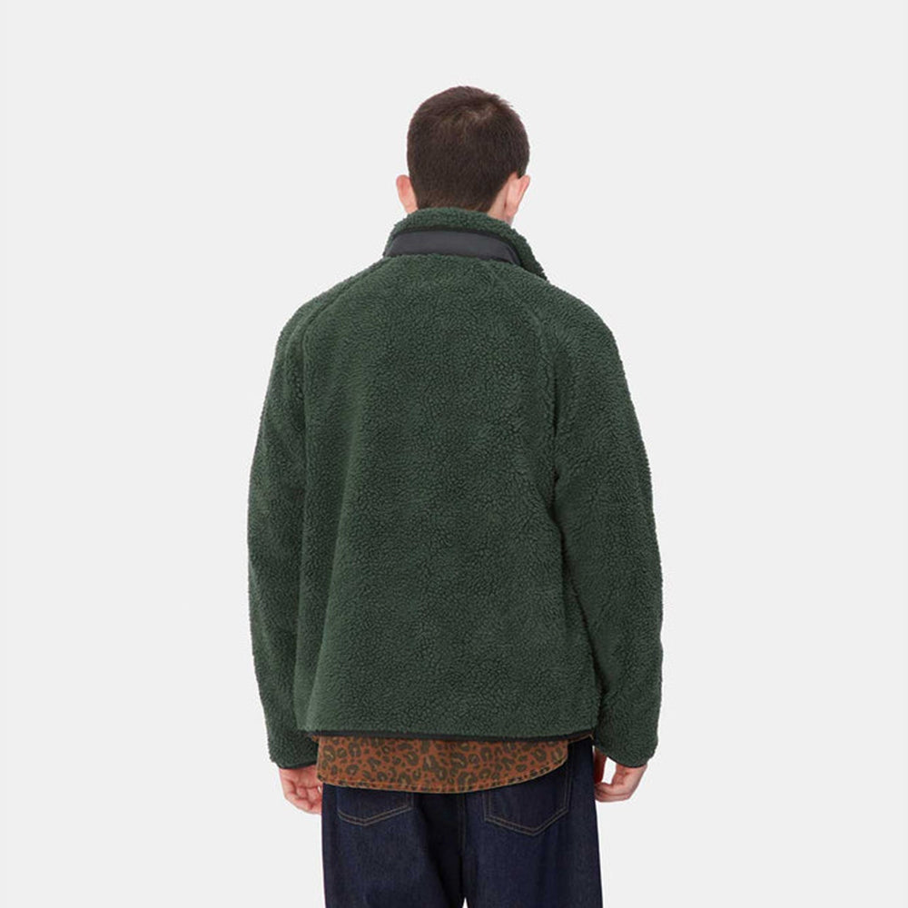 “Carhartt WIP Prentis Liner – Sycamore Tree / Black. Grüner Fleece-Liner aus Pile-Fleece, mit Reißverschluss, schwarzem Nylon-Besatz und Carhartt WIP Logo auf der Brusttasche.“