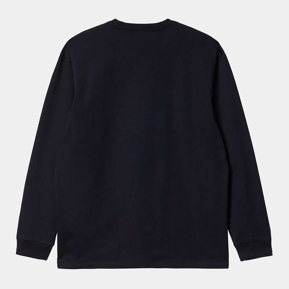 "Carhartt WIP L/S Chase T-Shirt – Dark Navy / Gold. Dunkelblaues Langarmshirt aus Baumwoll-Jersey, mit Rundhals und gesticktem, goldenem Carhartt WIP Logo am Ärmel."
