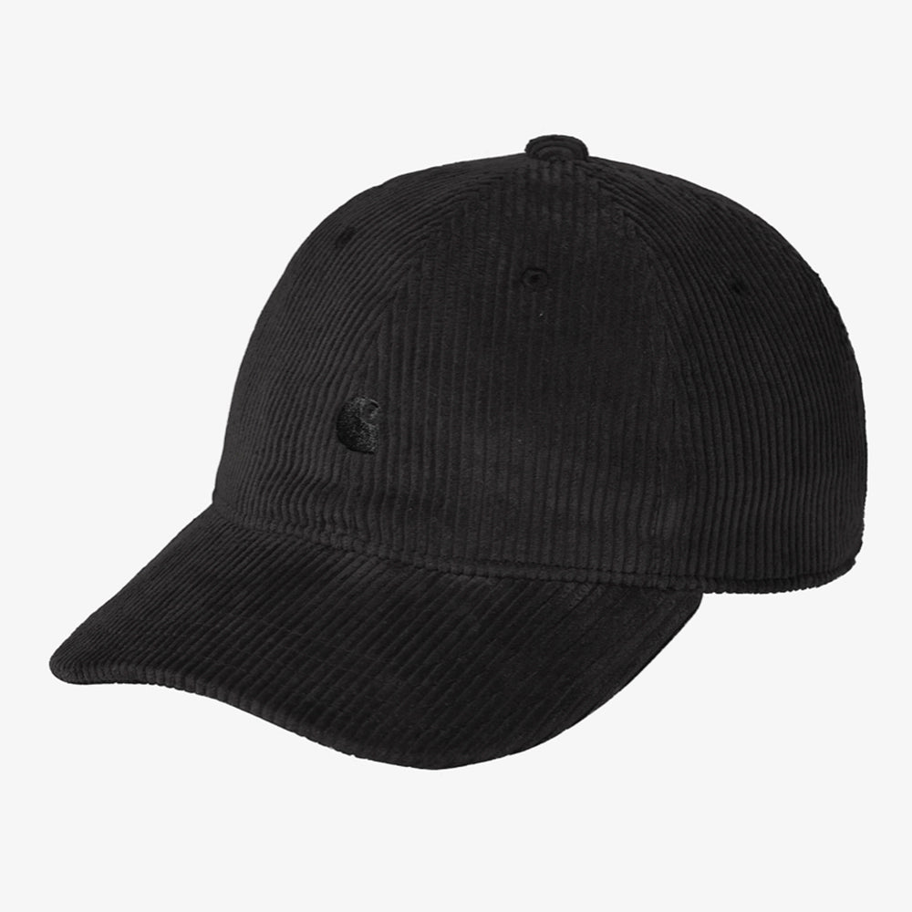 "Carhartt WIP Harlem Cap in Schwarz/Black. Baseball-Cap aus Baumwoll-Cord, mit Ton-in-Ton gesticktem Logo und verstellbarem Riemen."