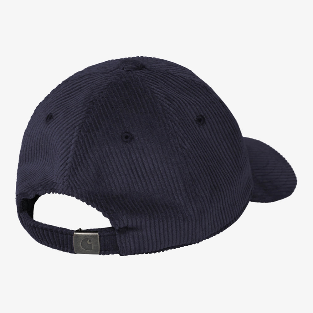 "Carhartt WIP Harlem Cap in Dark Navy (Dunkelblau). Baseball-Cap aus Baumwoll-Cord, mit Ton-in-Ton gesticktem Logo."