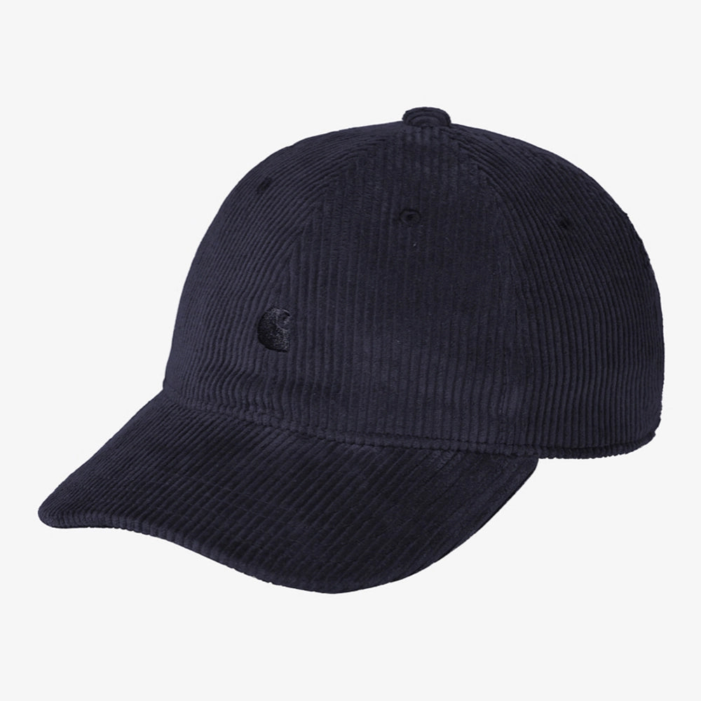"Carhartt WIP Harlem Cap in Dark Navy (Dunkelblau). Baseball-Cap aus Baumwoll-Cord, mit Ton-in-Ton gesticktem Logo."