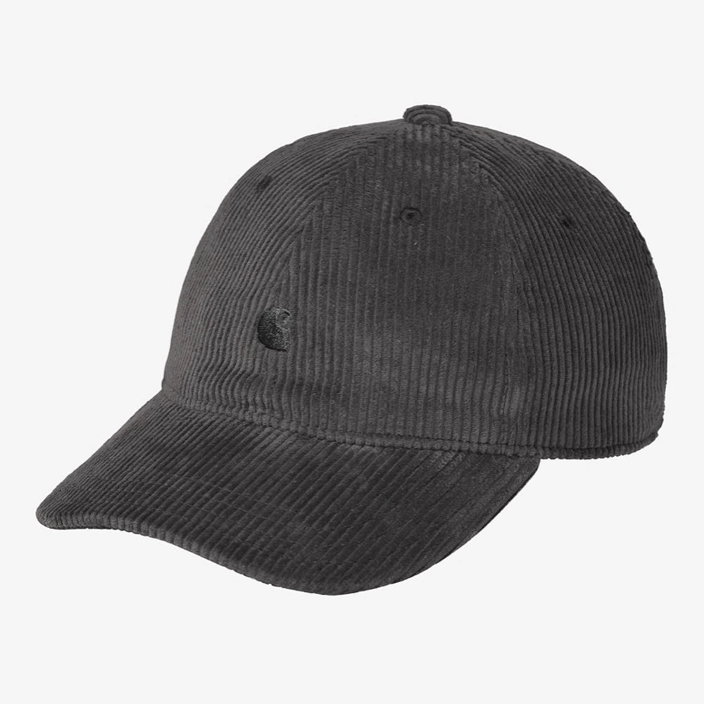 "Carhartt WIP Harlem Cap in Graphite (Dunkelgrau). Baseball-Cap aus Baumwoll-Cord, mit Ton-in-Ton gesticktem Logo."