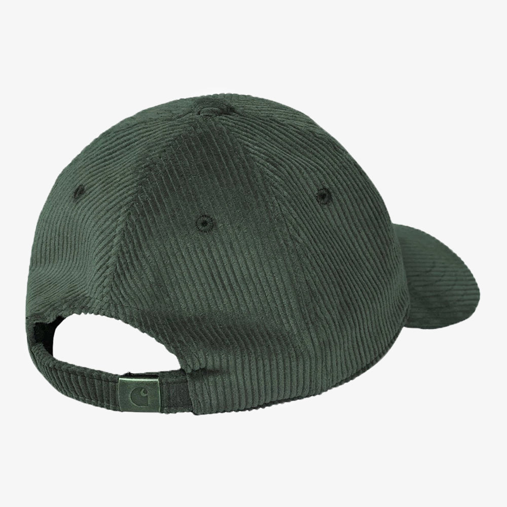 "Carhartt WIP Harlem Cap in Sycamore Tree (Dunkelgrün). Baseball-Cap aus Baumwoll-Cord, mit Ton-in-Ton gesticktem Logo."