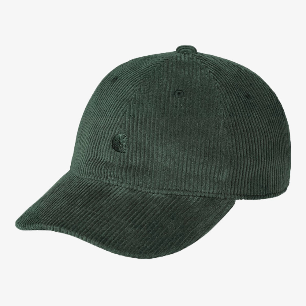 "Carhartt WIP Harlem Cap in Sycamore Tree (Dunkelgrün). Baseball-Cap aus Baumwoll-Cord, mit Ton-in-Ton gesticktem Logo."