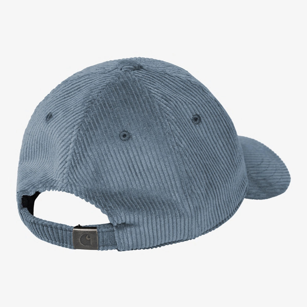 "Carhartt WIP Harlem Cap in Angelite (Graublau). Baseball-Cap aus Baumwoll-Cord, mit Ton-in-Ton gesticktem Logo."