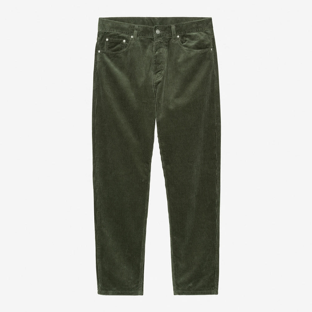 Carhartt WIP Newel Pant – Opuntia. Grüne Hose aus geripptem Cord, mit Knopfleiste, fünf Taschen und Carhartt WIP Square Label.