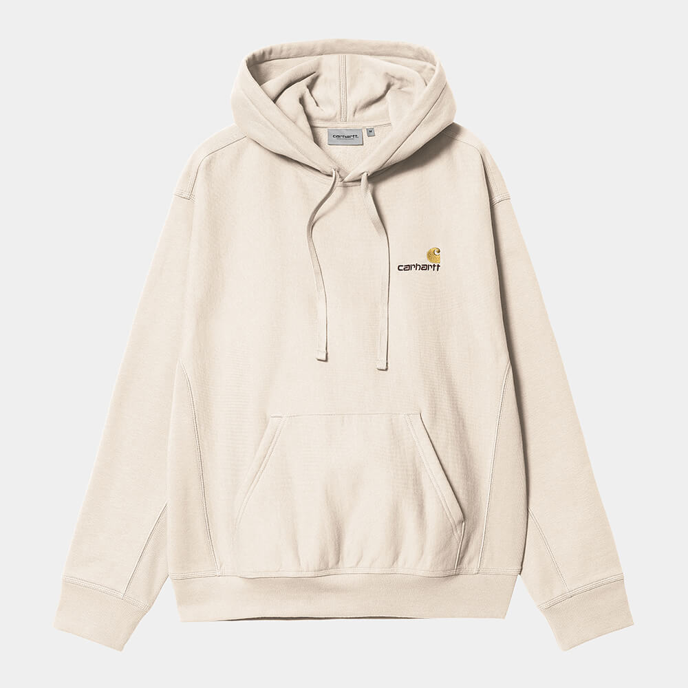 „Carhartt WIP Hooded American Script Sweatshirt Moonbeam – Loose Fit Unisex Hoodie mit gesticktem Script Logo erhältlich bei Stickabush Berlin.“