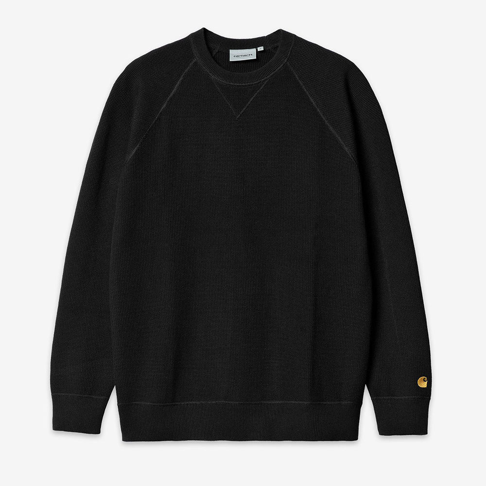 "Carhartt WIP Chase Knit Sweater in Schwarz I028581_00F_XX – hochwertiger Strickpullover mit dezenter Logo-Stickerei auf der Brust, klassischer Schnitt und angenehmer Tragekomfort. Perfekt für Streetwear-Looks und kalte Tage."