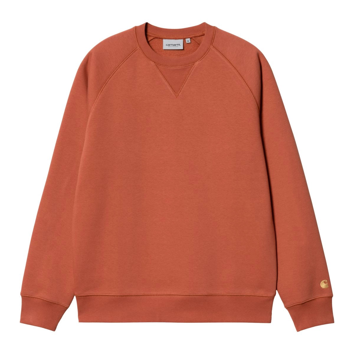 "Carhartt Chase Sweatshirt in Phoenix / Gold, Baumwollmischung, Raglanärmel, goldene Logo-Stickerei."