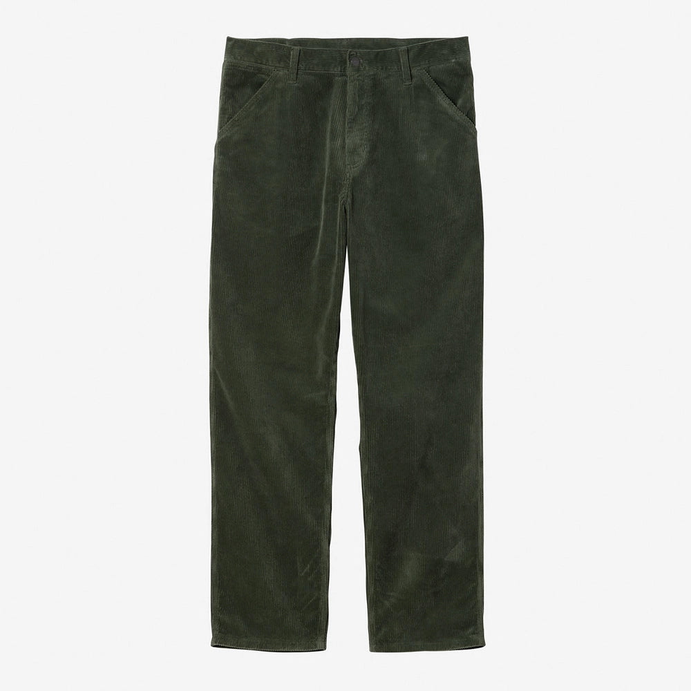 "Grüne Workwear Cordhose von Carhartt WIP im Workwear-Stil, mit geradem Bein, Gesäßtaschen und Werkzeugtaschen am Oberschenkel.“
