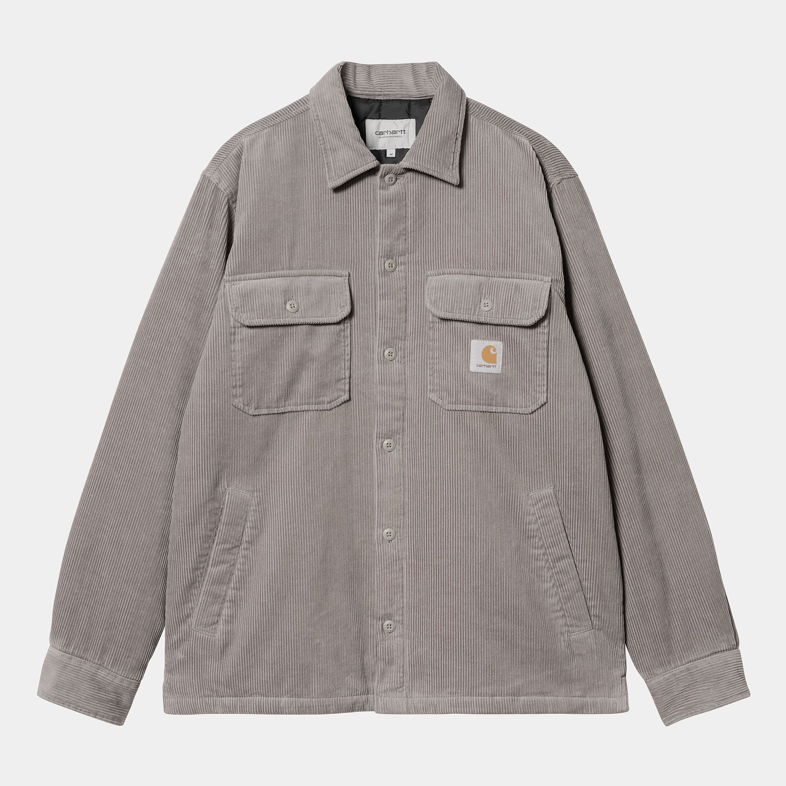 “Carhartt WIP Whitsome Shirt Jacket in Misty Grey, I028827_29K_XX, Carhartt Shirt aus weichem Baumwollcord, mit Knopfleiste, Brusttaschen und warmem Futter.“