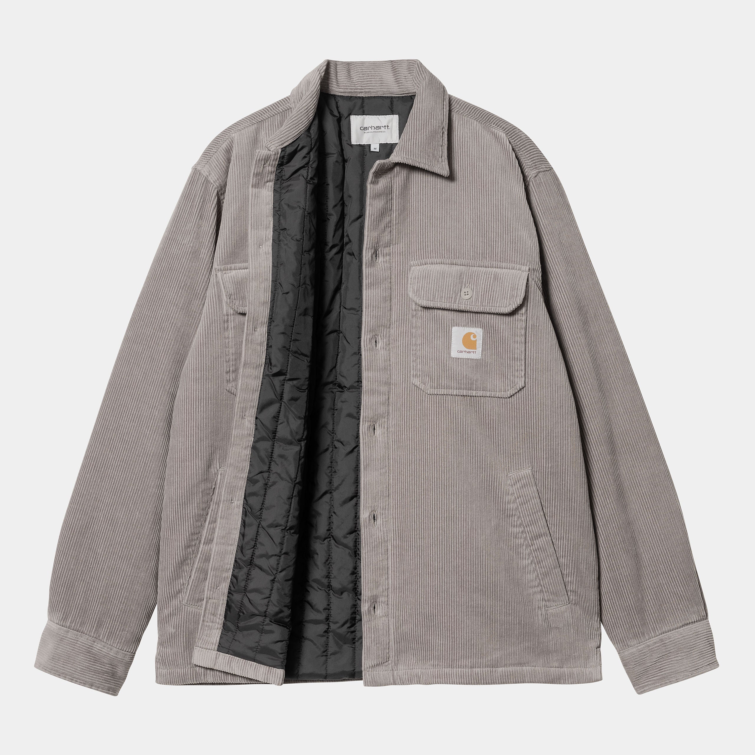 “Carhartt WIP Whitsome Shirt Jacket in Misty Grey, I028827_29K_XX, Carhartt Shirt aus weichem Baumwollcord, mit Knopfleiste, Brusttaschen und warmem Futter.“