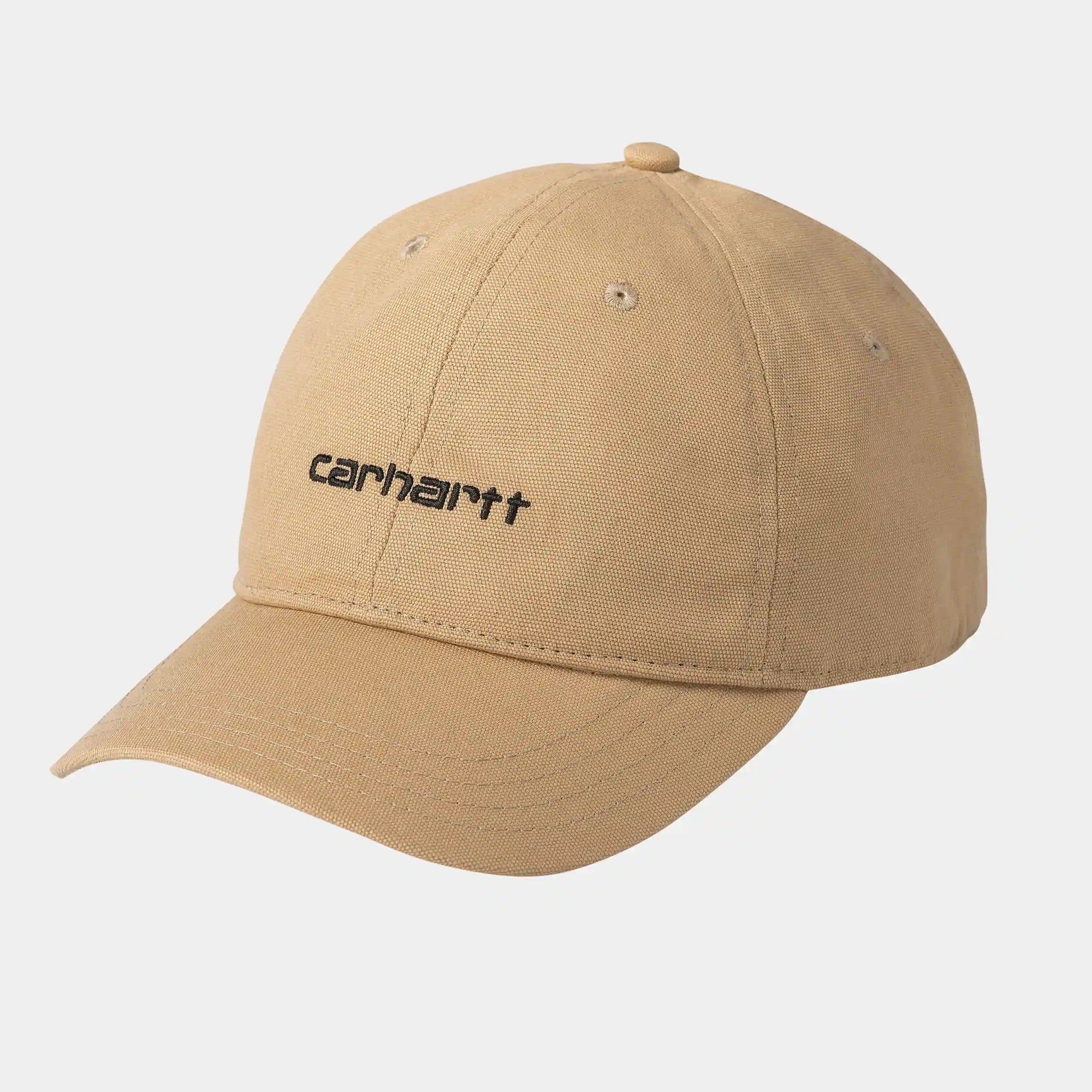 "Carhartt WIP Canvas Script Cap, Dusty H Brown/Black (helles Braun/Schwarz), Canvas, Baseballkappe mit gesticktem Carhartt-Schriftzug und verstellbarem Riemen."