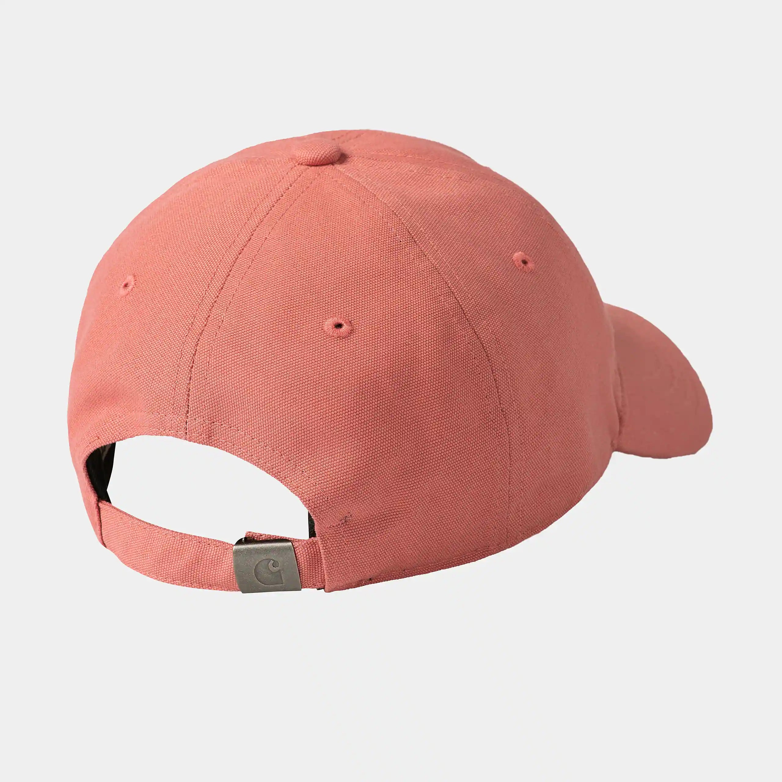 "Carhartt WIP Canvas Script Cap, Misty Blush/Vulcan (zartes Rosa/Dunkelgrau), Canvas, Baseballkappe mit gesticktem Carhartt-Schriftzug und verstellbarem Riemen."