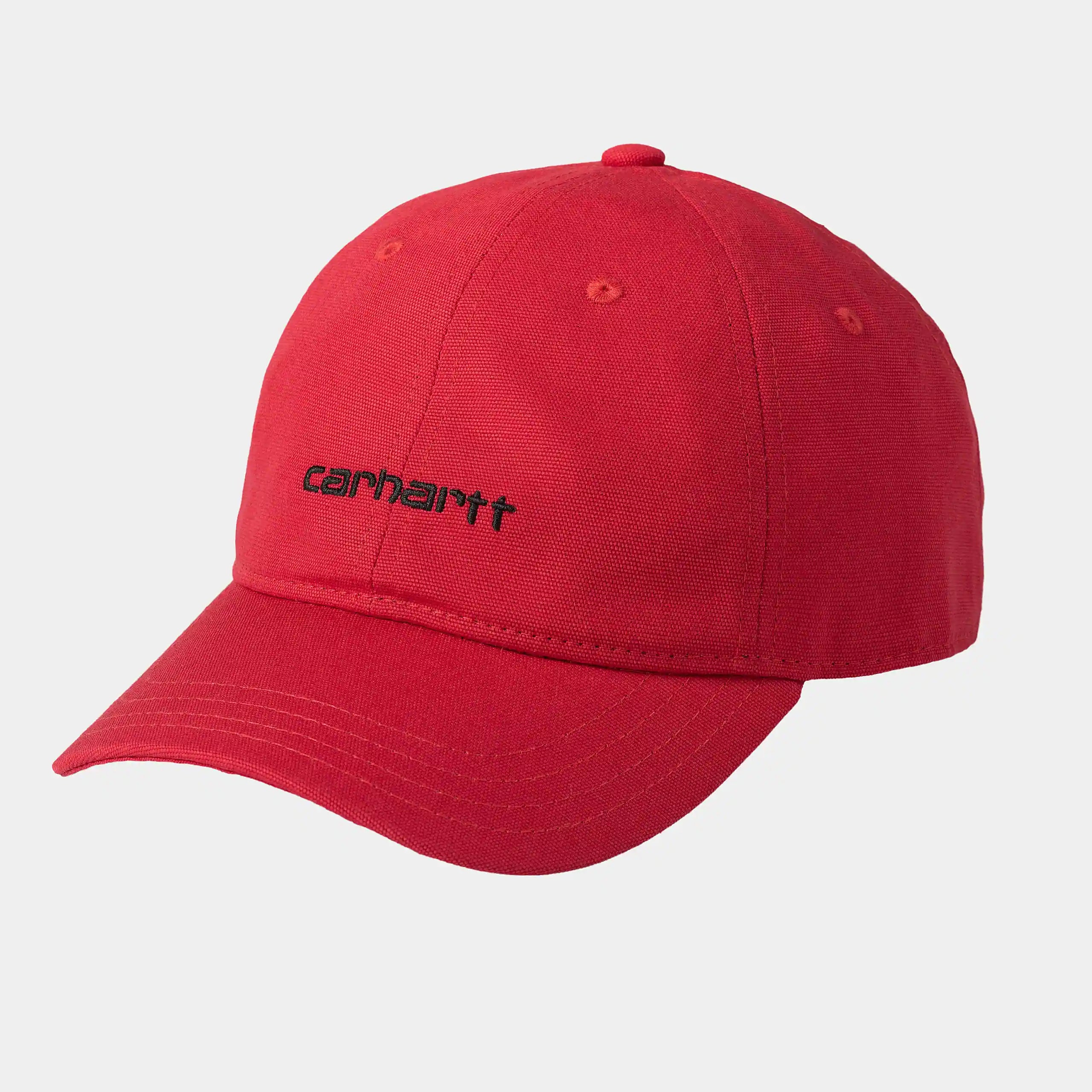 "Carhartt WIP Canvas Script Cap, Rocket/Black (Rot/Schwarz/), Canvas, Baseballkappe mit gesticktem Carhartt-Schriftzug und verstellbarem Riemen."
