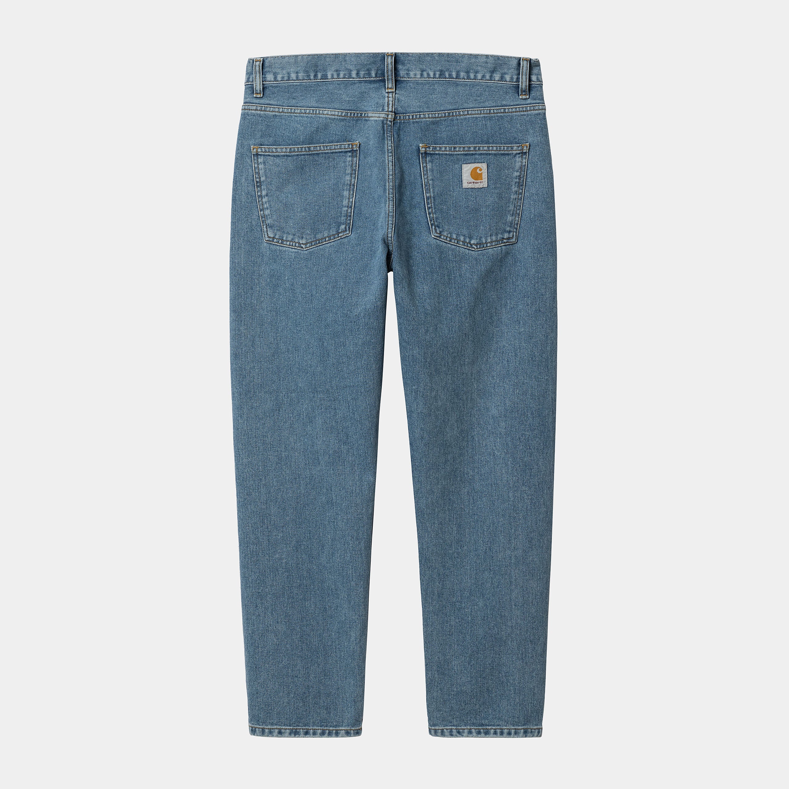"Carhartt Newel Pant in Blau (Stone Bleached), Baumwolle, lockere Passform, klassische Jeanshose mit starkem Used-Look."