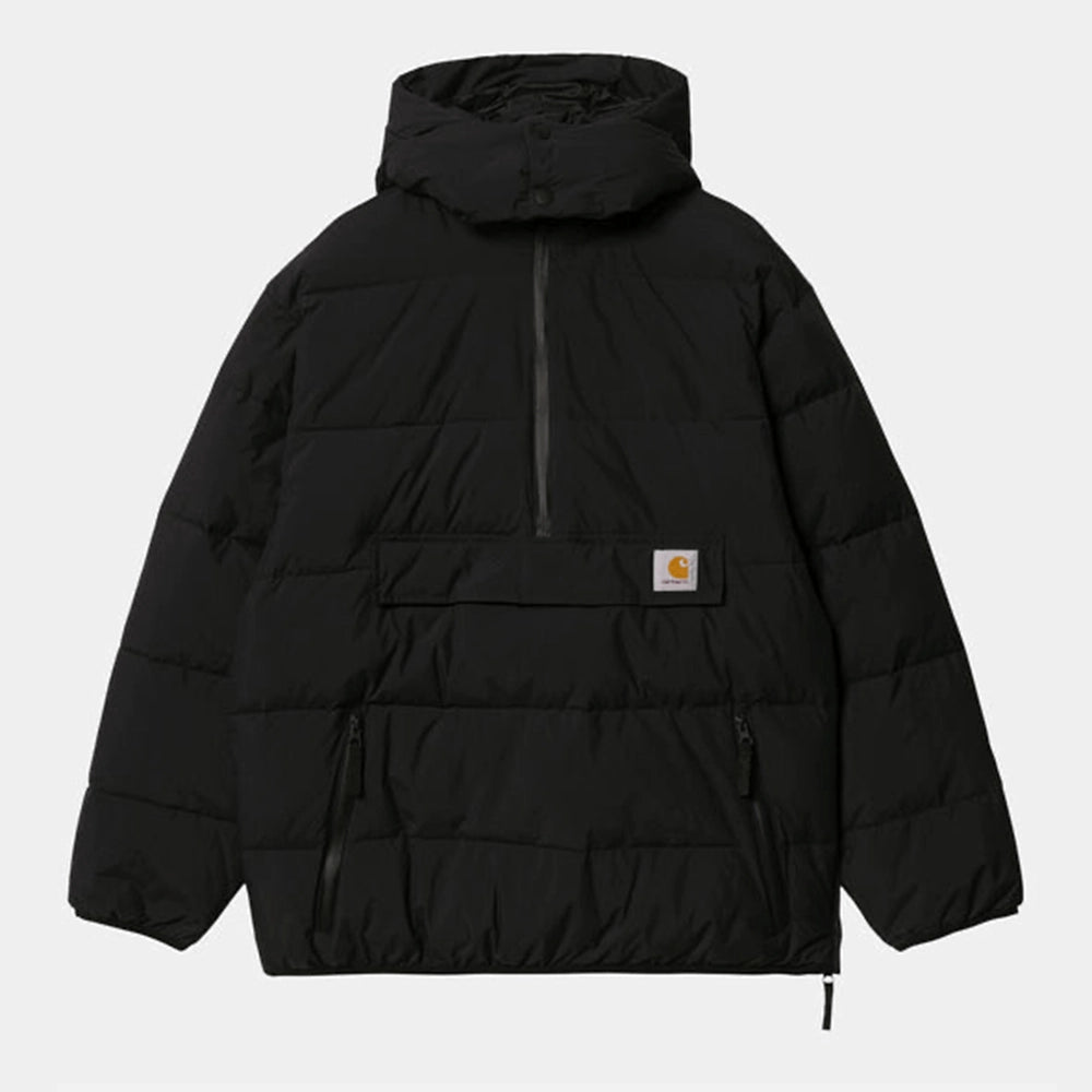 “Carhartt WIP Munro Pullover Jacket – Black. Schwarze Pullover-Jacke aus leichtem Nylon, mit Half-Zip, Kapuze und Reißverschlusstaschen.“