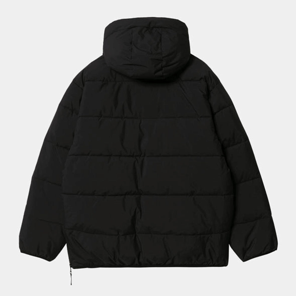“Carhartt WIP Munro Pullover Jacket – Black. Schwarze Pullover-Jacke aus leichtem Nylon, mit Half-Zip, Kapuze und Reißverschlusstaschen.“