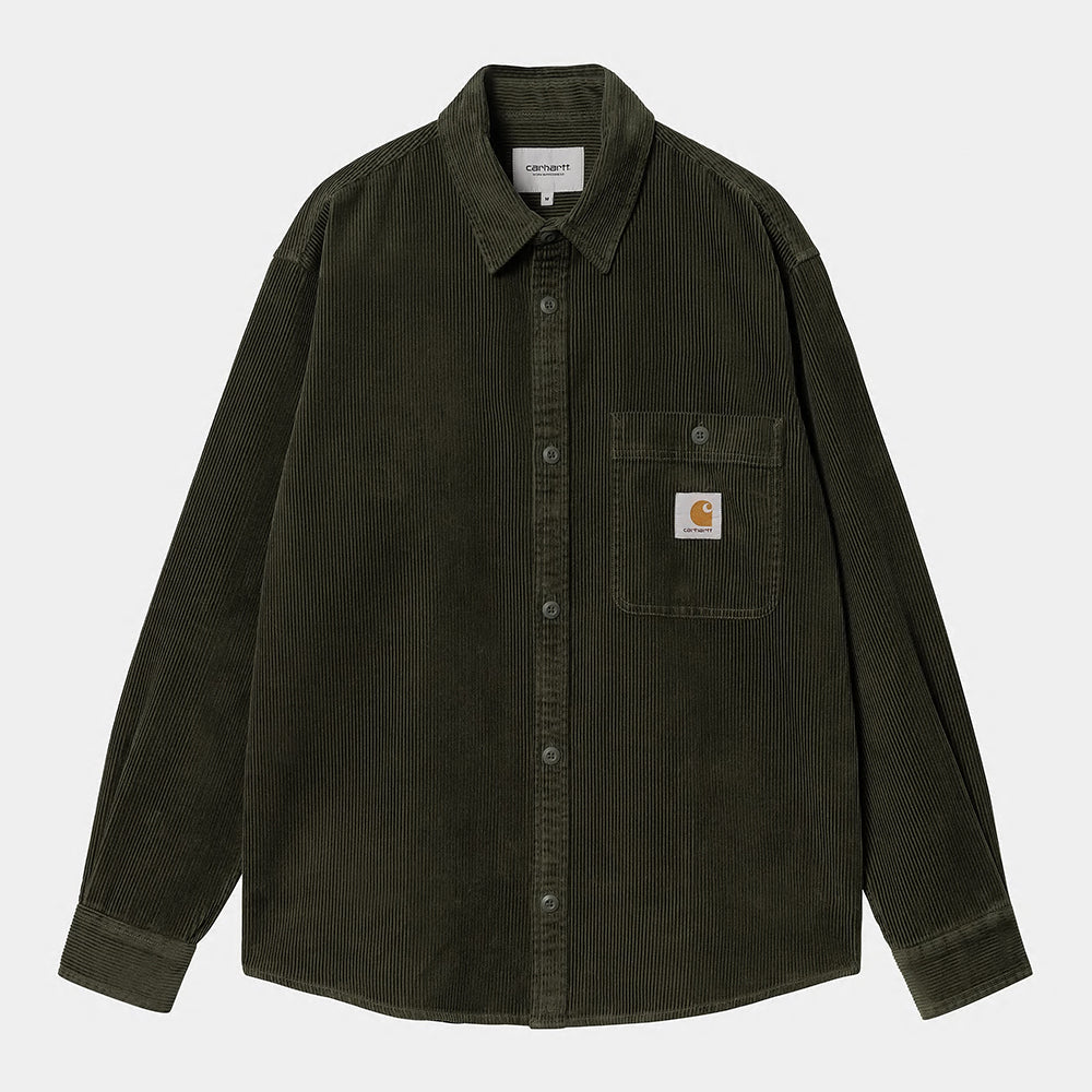 “Carhartt WIP L/S Flint Shirt in Office Green, I029442_666_02, aus robustem Baumwoll-Twill, Hemdjacke mit klassischem Button-down-Kragen und dezentem Logo-Detail.“