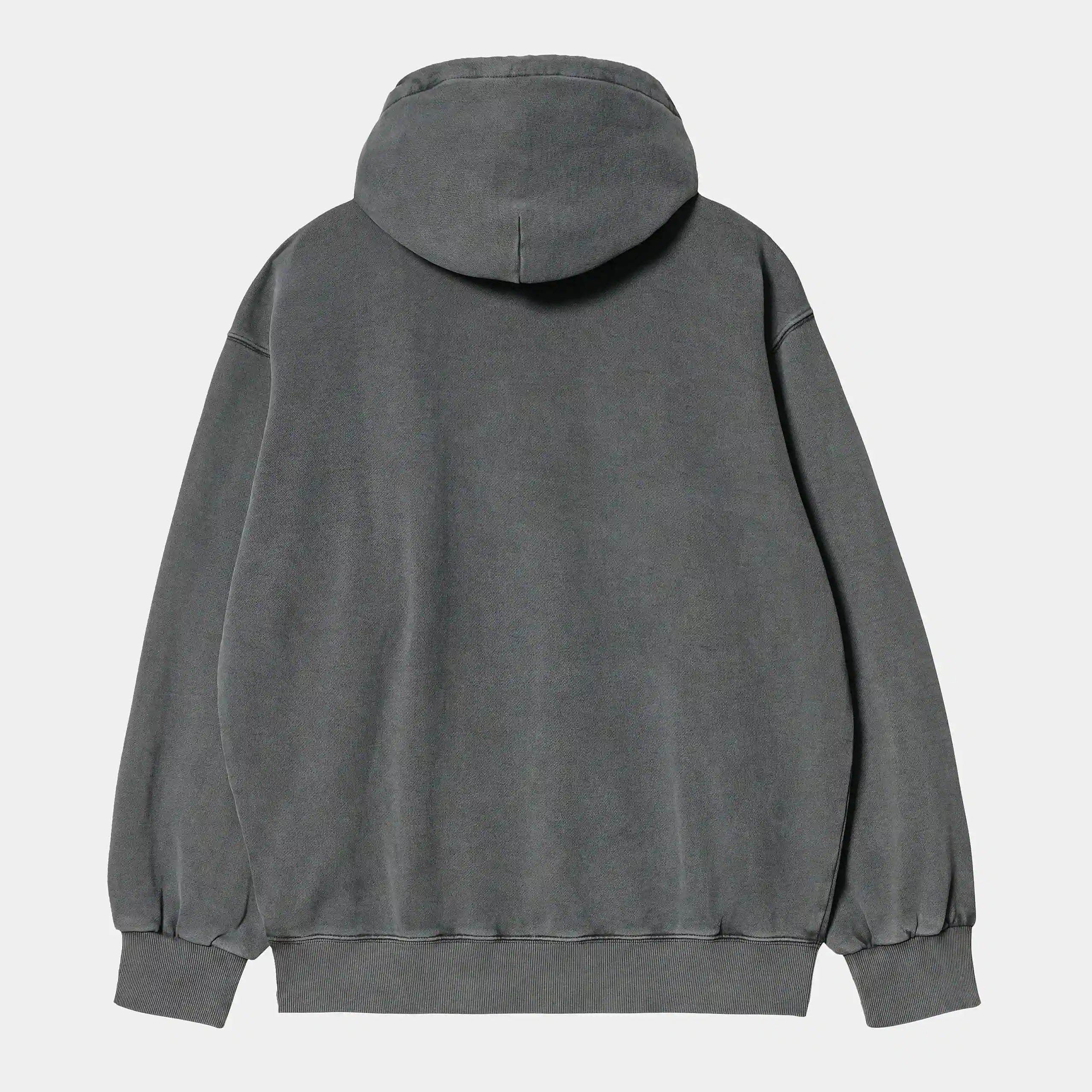 “Dunkelgraues ("Vulcan") Carhartt WIP Hooded Vista Sweatshirt. Herren-Kapuzenpullover aus schwerem, stückgefärbtem Baumwolljersey. Kastenförmige, lockere Passform mit Kordelzugkapuze, Kängurutasche, gerippten Bündchen und Saum. Kleines, farblich passendes "C"-Logo auf der Brust. Robuster, bequemer Style.“