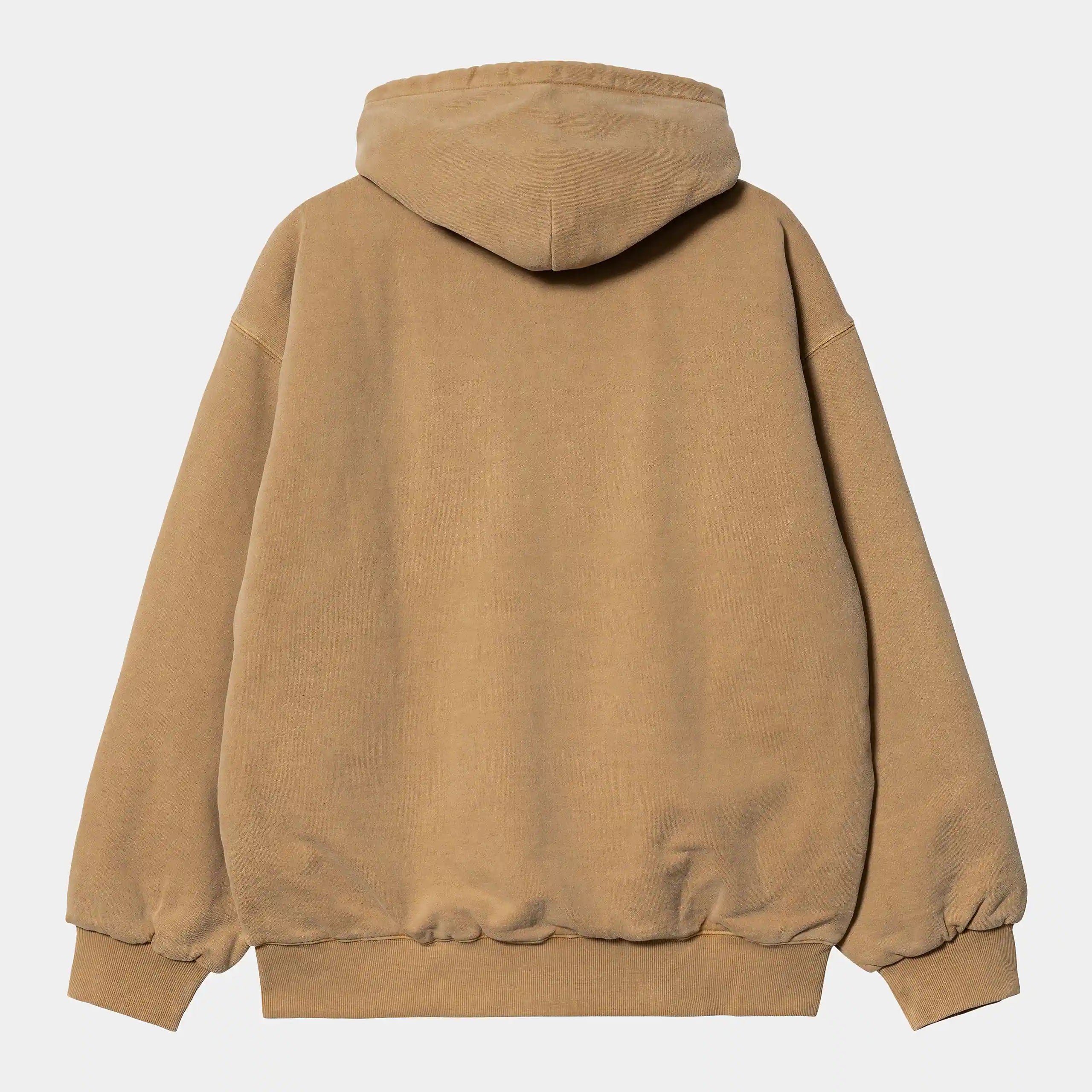 “Hellbraune Carhartt WIP Hooded Vista Jacket ("Dusty Hamilton Brown"). Schwere Kapuzenjacke aus robustem Baumwoll-Canvas mit verstellbarer Kapuze, durchgehendem Reißverschluss, zwei Seitentaschen und gewebtem Logo-Etikett. Lässiger Workwear-Stil.“
