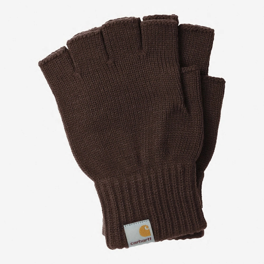 Carhartt WIP Mitten Gloves in dunklem Palisander, aus warmem Acryl-Strick, mit dezentem Carhartt-Patch auf dem Handrücken der Faeustlinge.