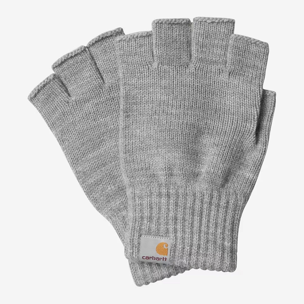 “Graue Carhartt WIP Mitten Gloves aus Fleece ohne Fingerabdeckung und Logo-Patch an den Handschuhen.“