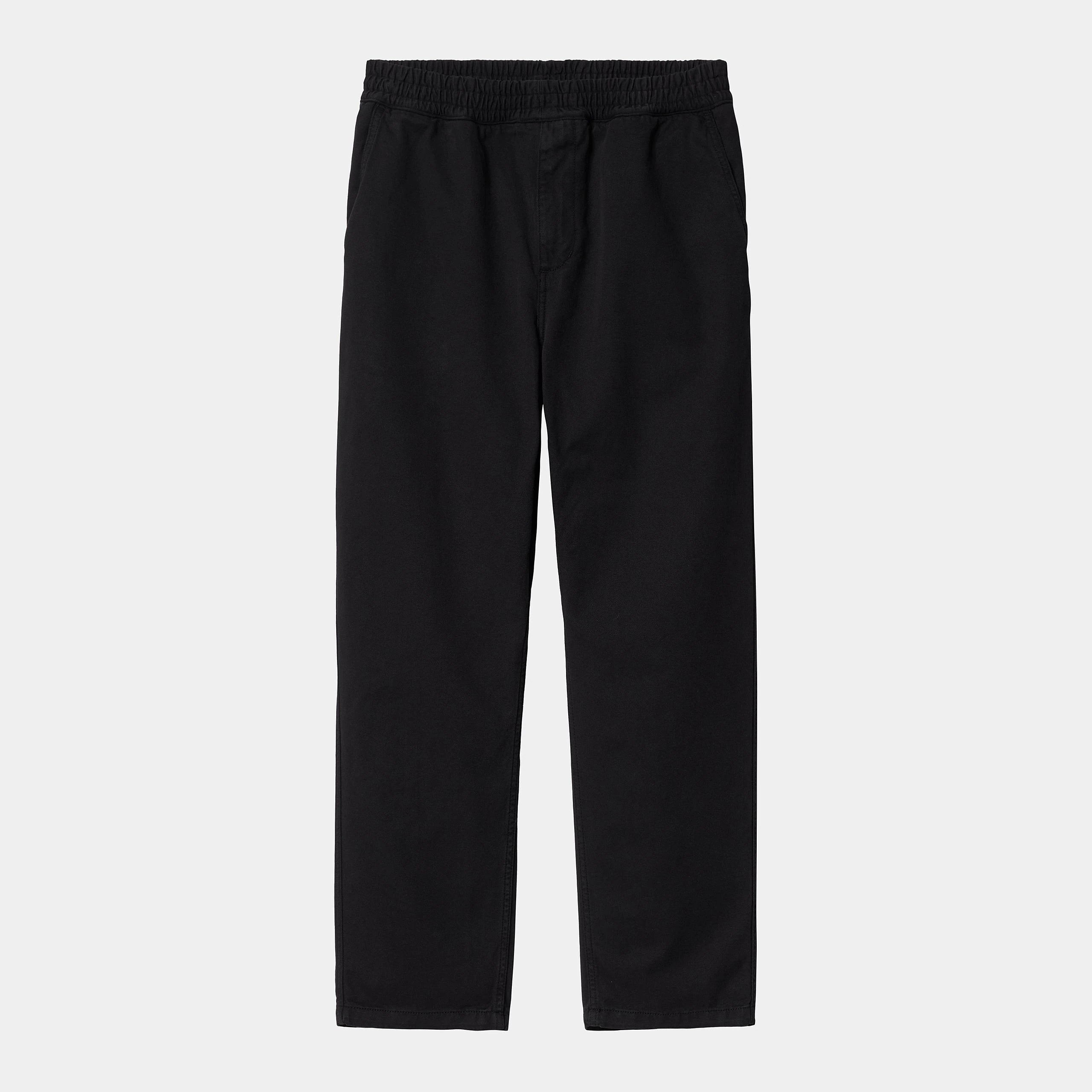 “Schwarze Carhartt WIP Flint Pant Herren Stoffhose aus gefärbtem Baumwoll-Twill, mit geradem Bein und dezentem Carhartt Logo-Patch bei Stickabush.“