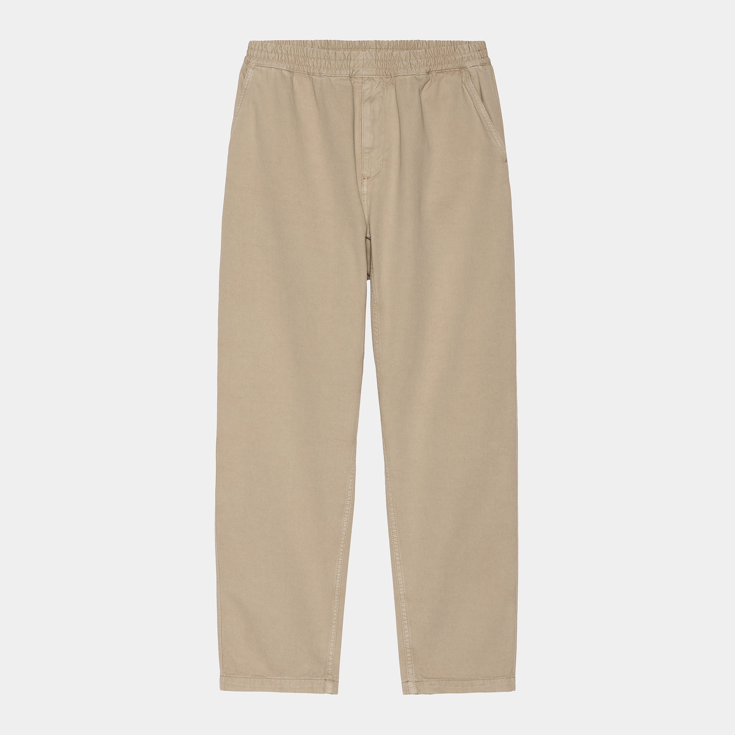 "Carhartt WIP Flint Pant – Wall (garment dyed). Beigefarbene Stoffhose aus Baumwoll-Cord, mit lockerer Passform und Carhartt WIP Square Label am Gesäß."