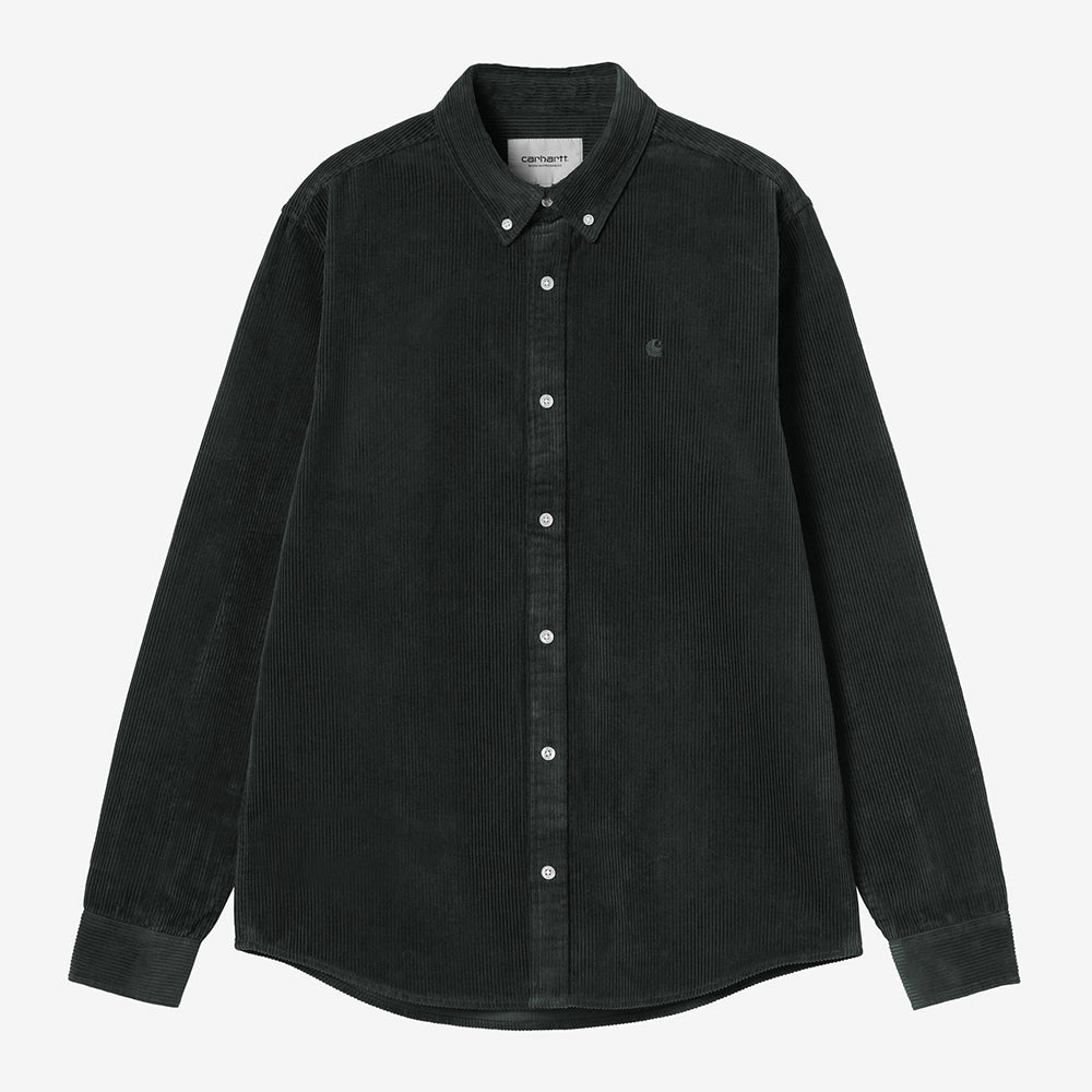 Carhartt WIP L/S Madison Cord Shirt in der Farbe Raven Frontansicht – STICKABUSH Streetwear Store Berlin-Kreuzberg