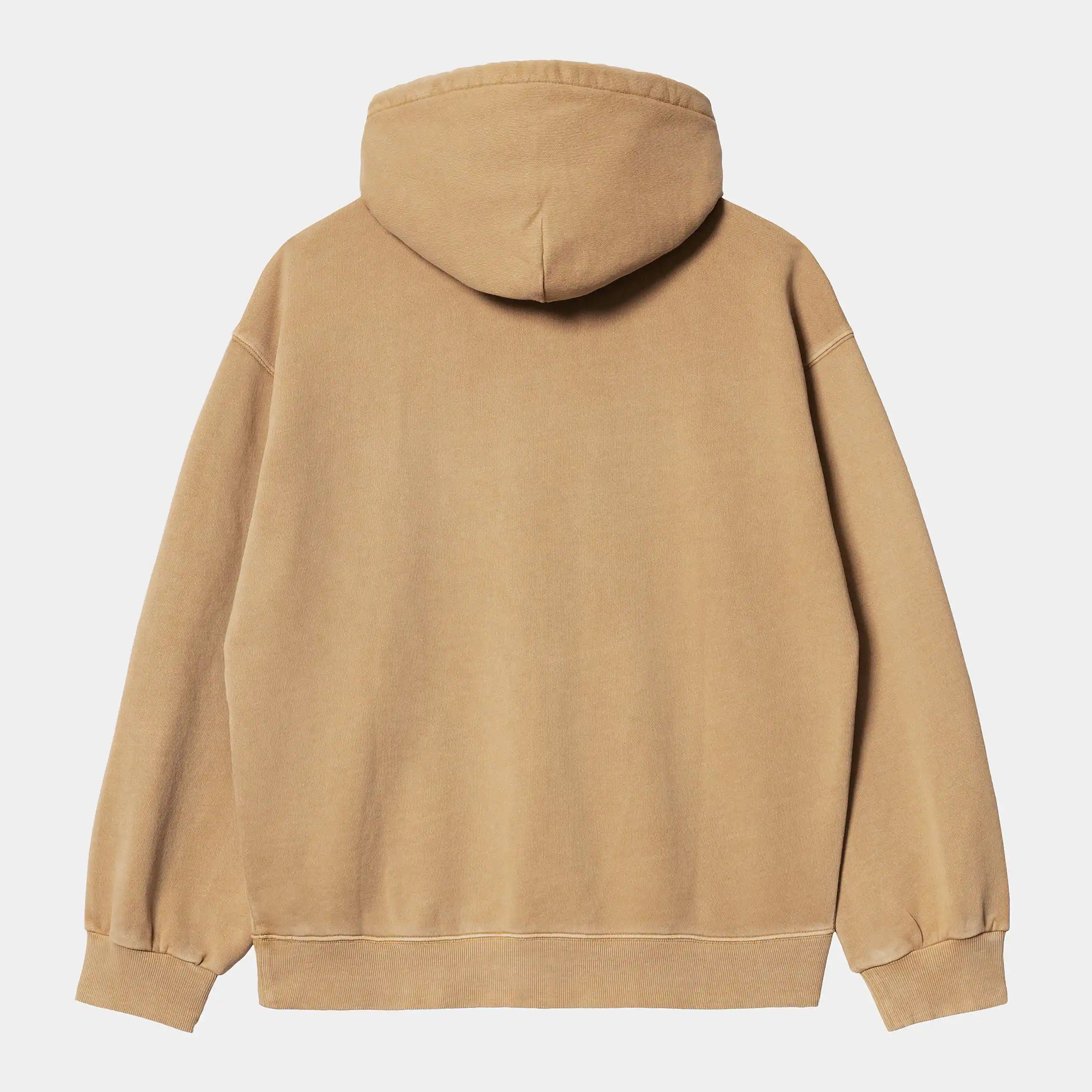 Carhartt WIP Hooded Nelson Sweat – Dusty Hamilton Brown. Brauner Kapuzenpullover aus gefärbtem Baumwoll-Fleece, mit Kapuze, Kängurutasche, Bündchen und Carhartt WIP Square Label.