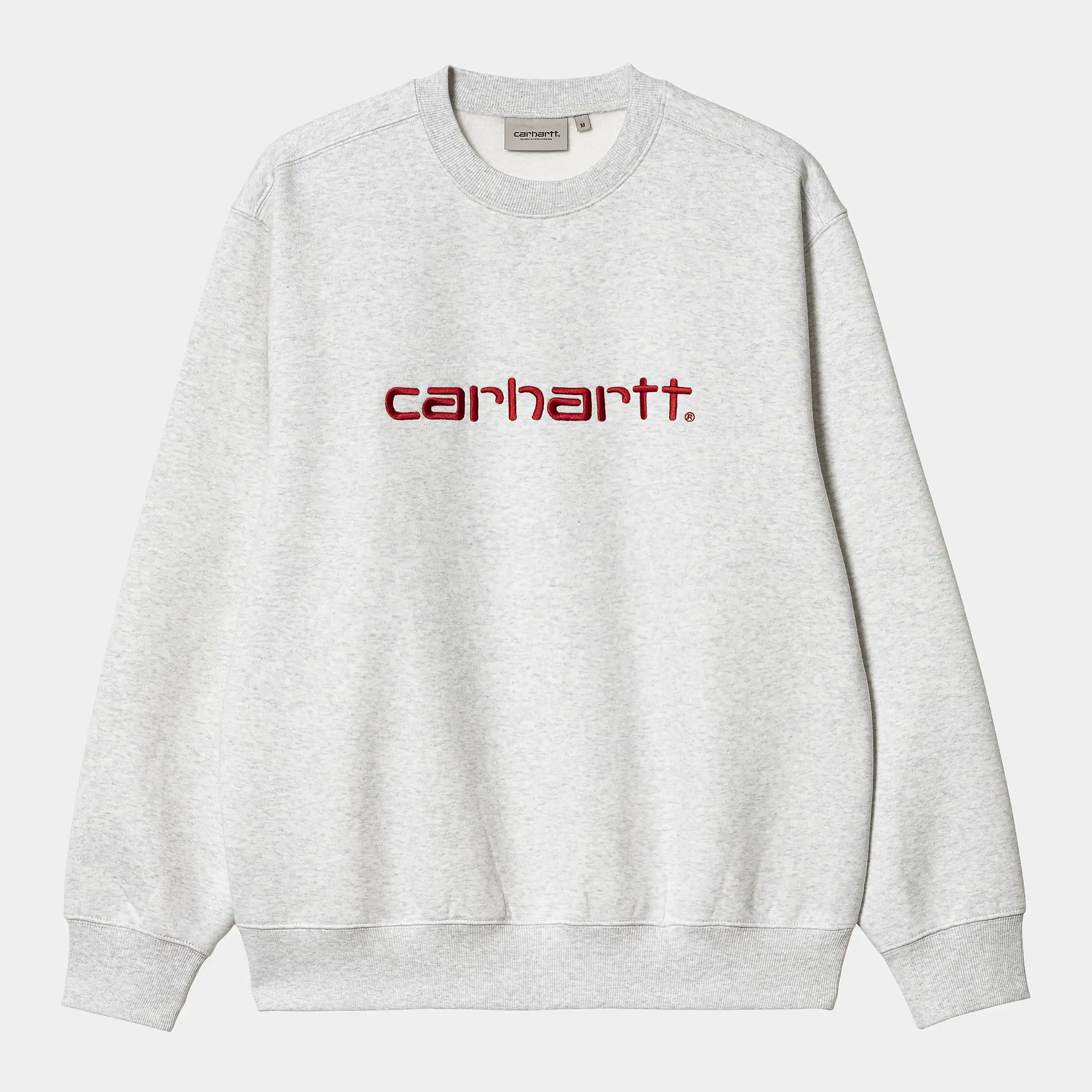 Carhartt WIP Logo Sweatshirt – Ash Heather. Hellgraues Sweatshirt aus Baumwoll-Jersey, mit Rundhalsausschnitt, Bündchen und großem, gesticktem Carhartt WIP Schriftzug auf der Brust.