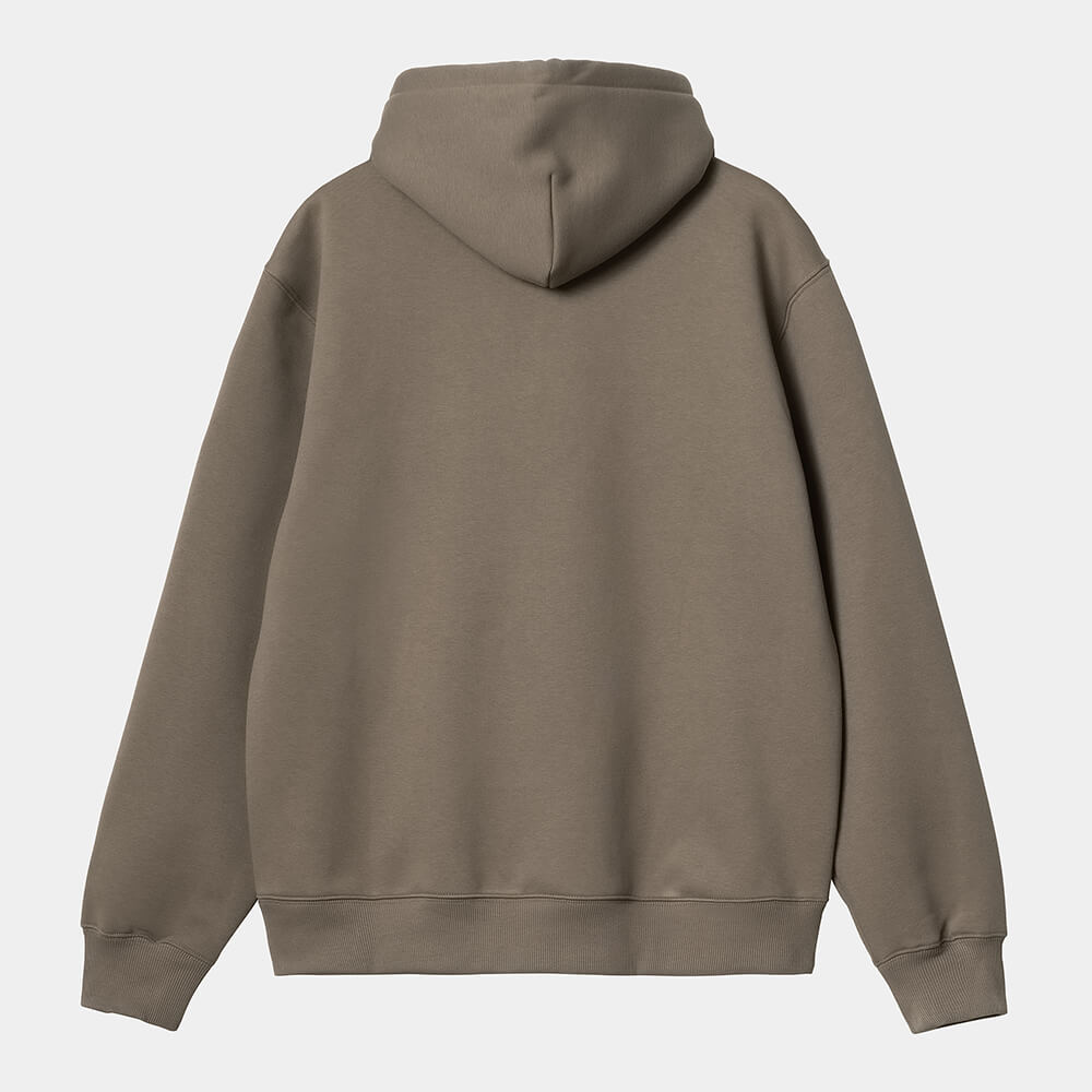 "Carhartt Hooded Script Sweat in Barista/Mirror, Baumwollmischung, Kapuze, Logo-Schriftzug, braun mit hellblauen Schriftzug."