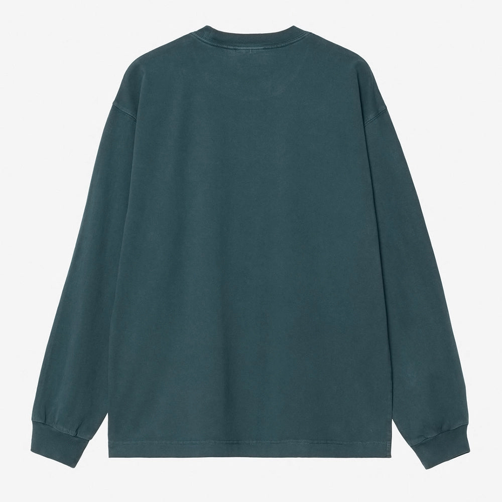 “Carhartt WIP Vista Longsleeve in Dunkeltürkis. Lockeres Shirt aus Baumwolljersey, mit kleinem Logo-Stick auf der Brust.“