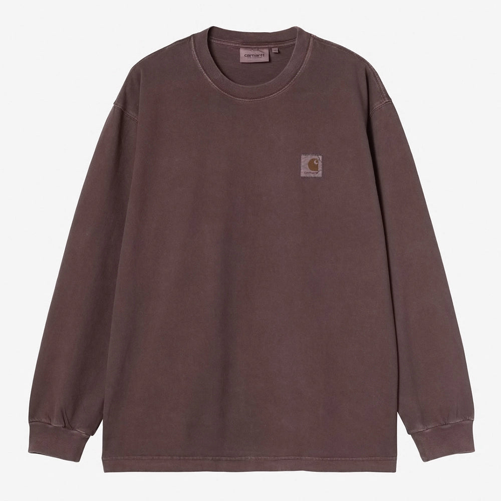 Carhartt WIP Vista Longsleeve in Palisander-Rot. Lockeres Shirt aus Baumwolljersey, mit kleinem Logo-Stick auf der Brust.