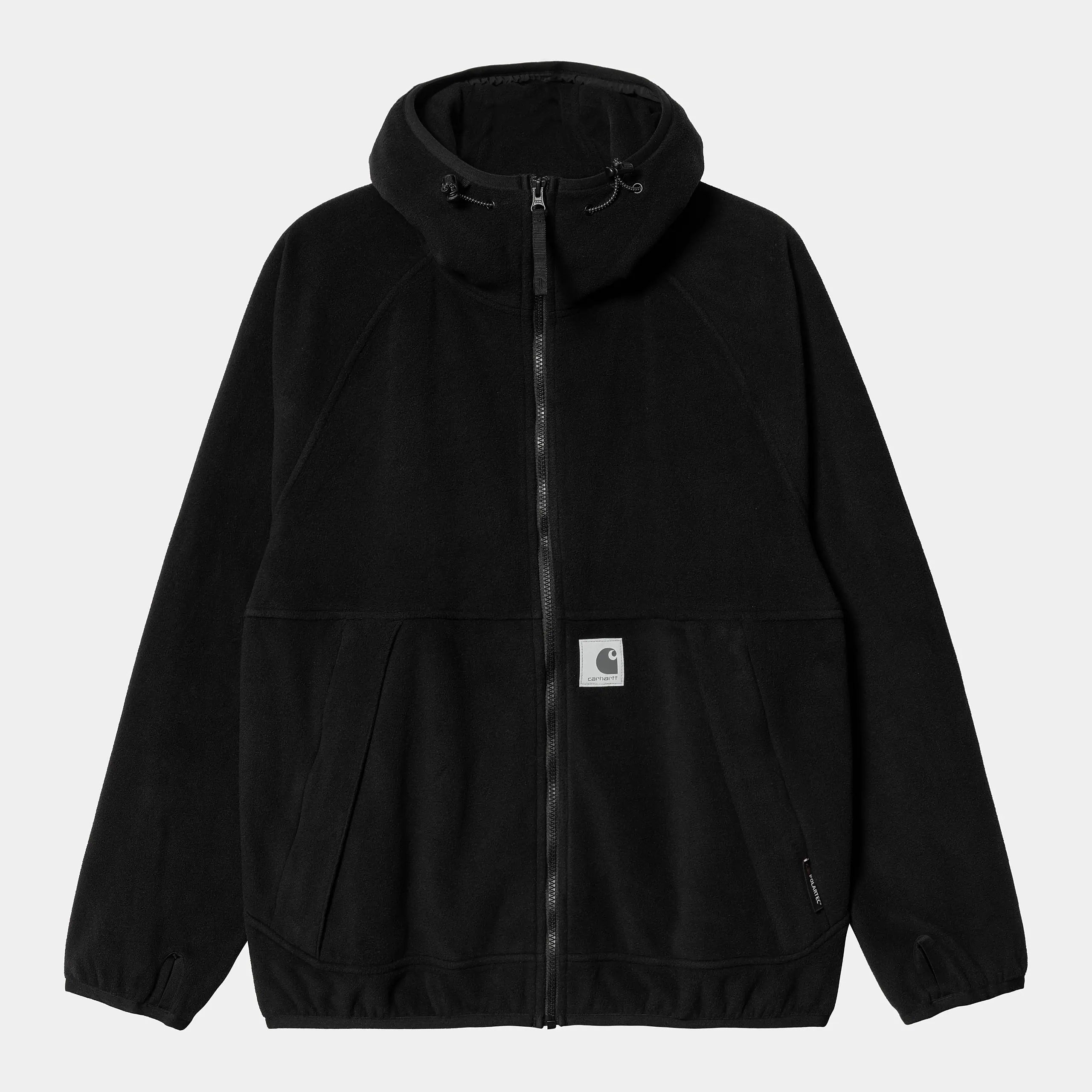 "Carhartt WIP South Jacket – Black. Schwarze Jacke aus robustem Fleece-Material, mit verdecktem Reißverschluss, verstellbarer Kapuze, Kängurutasche und gewebtem Carhartt WIP Logo."