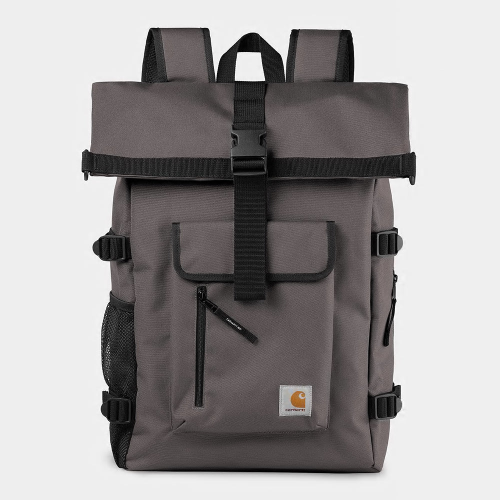 “Carhartt WIP Philis Backpack in Manta, I031575_2LQ_XX, aus strapazierfähigem Polyester, mit Rolltop-Verschluss, Fronttaschen und verstellbaren Schulterriemen.“