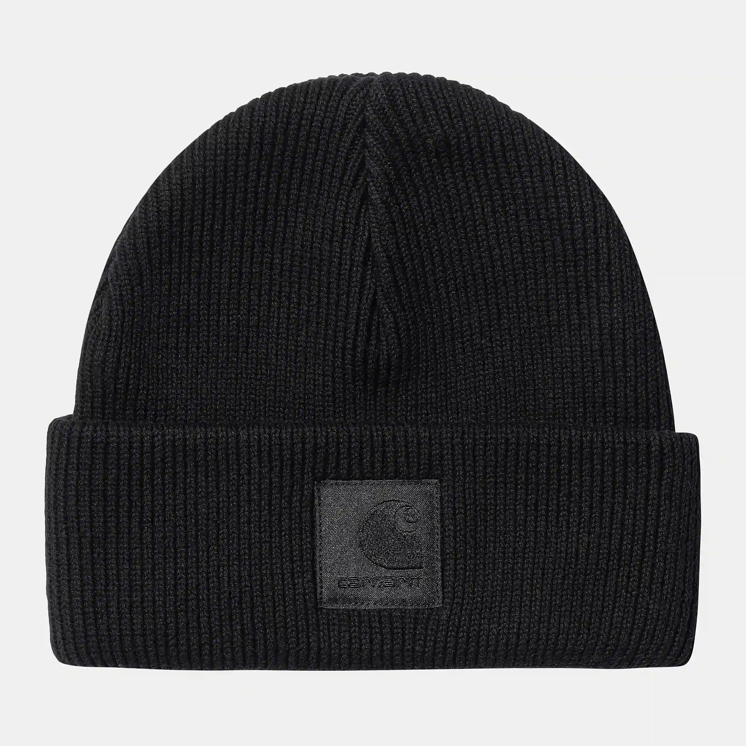 Carhartt WIP Milo Beanie – Black. Schwarze, gerippte Beanie aus Lambswool-Mix, mit engem Umschlag und kleinem gewebten Carhartt WIP Logo-Label.