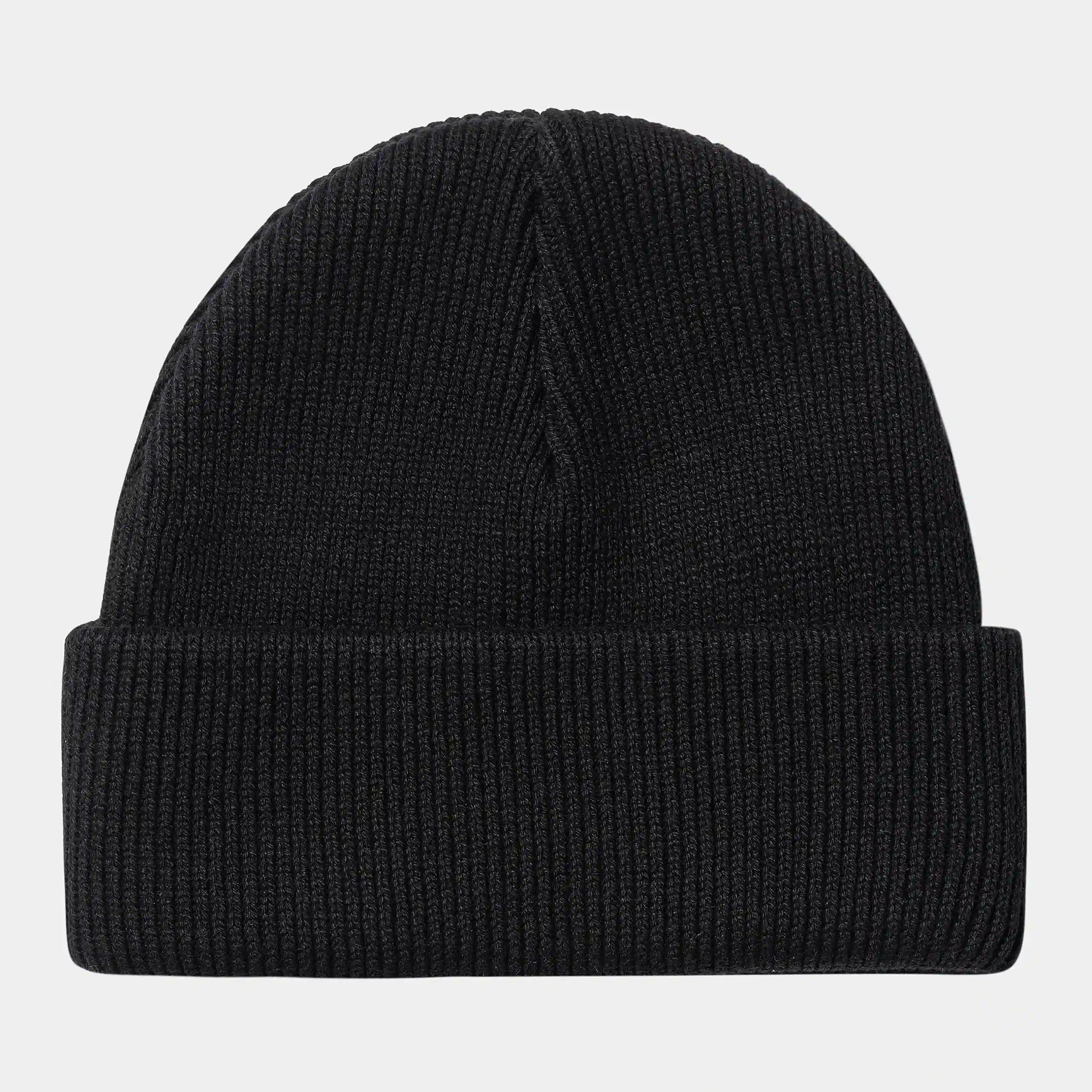 Carhartt WIP Milo Beanie – Black. Schwarze, gerippte Beanie aus Lambswool-Mix, mit engem Umschlag und kleinem gewebten Carhartt WIP Logo-Label.