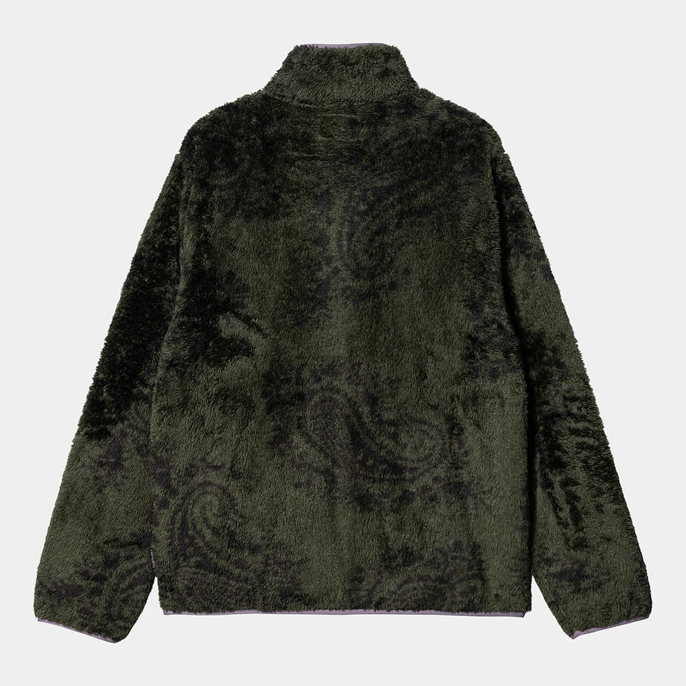 “Carhartt WIP Jebson Sweat Jacket – Paisley Big Print, Plant. Grüne Sweatjacke aus Baumwolle mit Reißverschluss, Allover-Paisley-Muster und Carhartt WIP Square Label auf der Brust.“