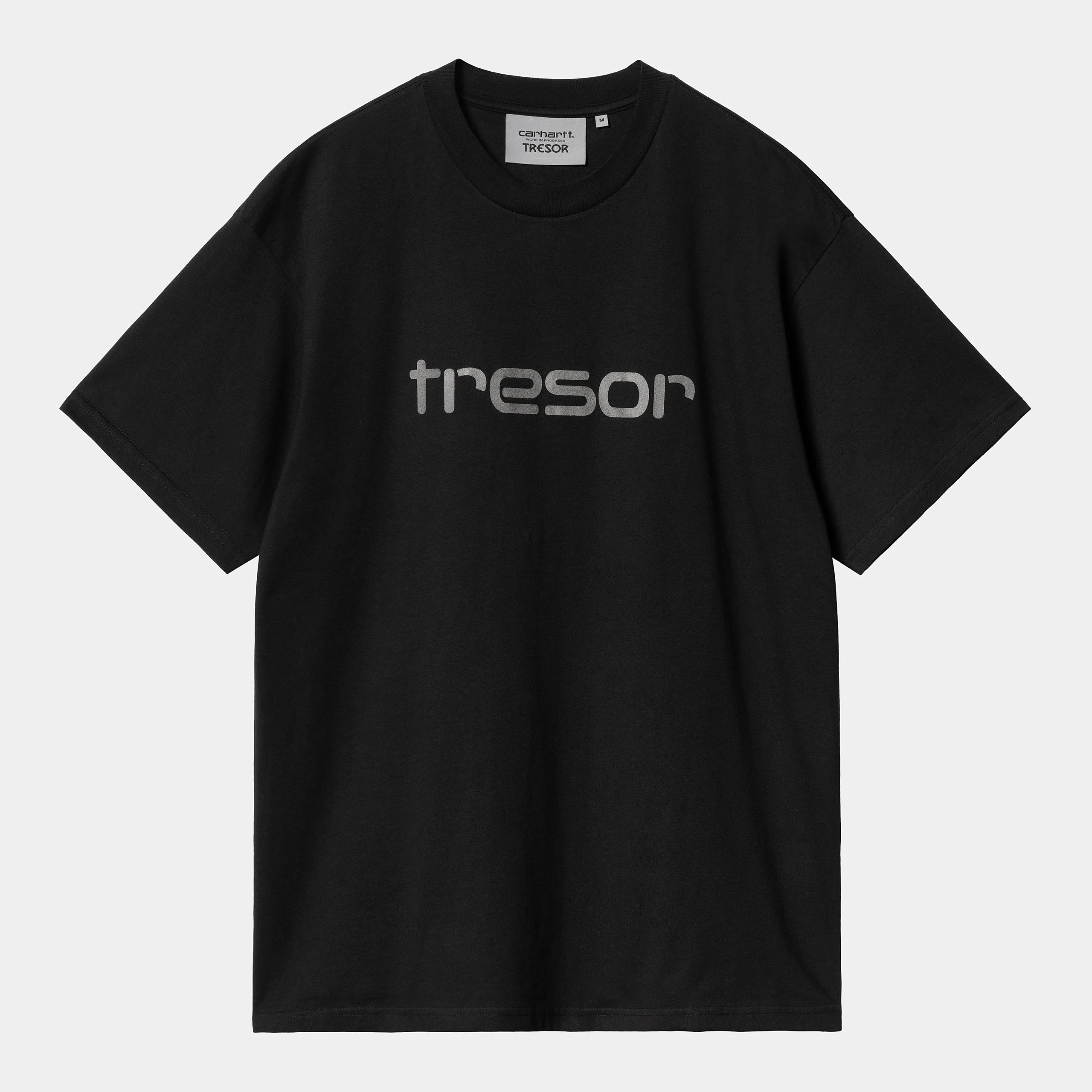 "Carhartt WIP x TRESOR Techno Alliance S/S T-Shirt, Schwarz/Dunkelgrau reflektierend, Baumwolle, Kurzarmshirt mit reflektierendem Print und Co-Branding."