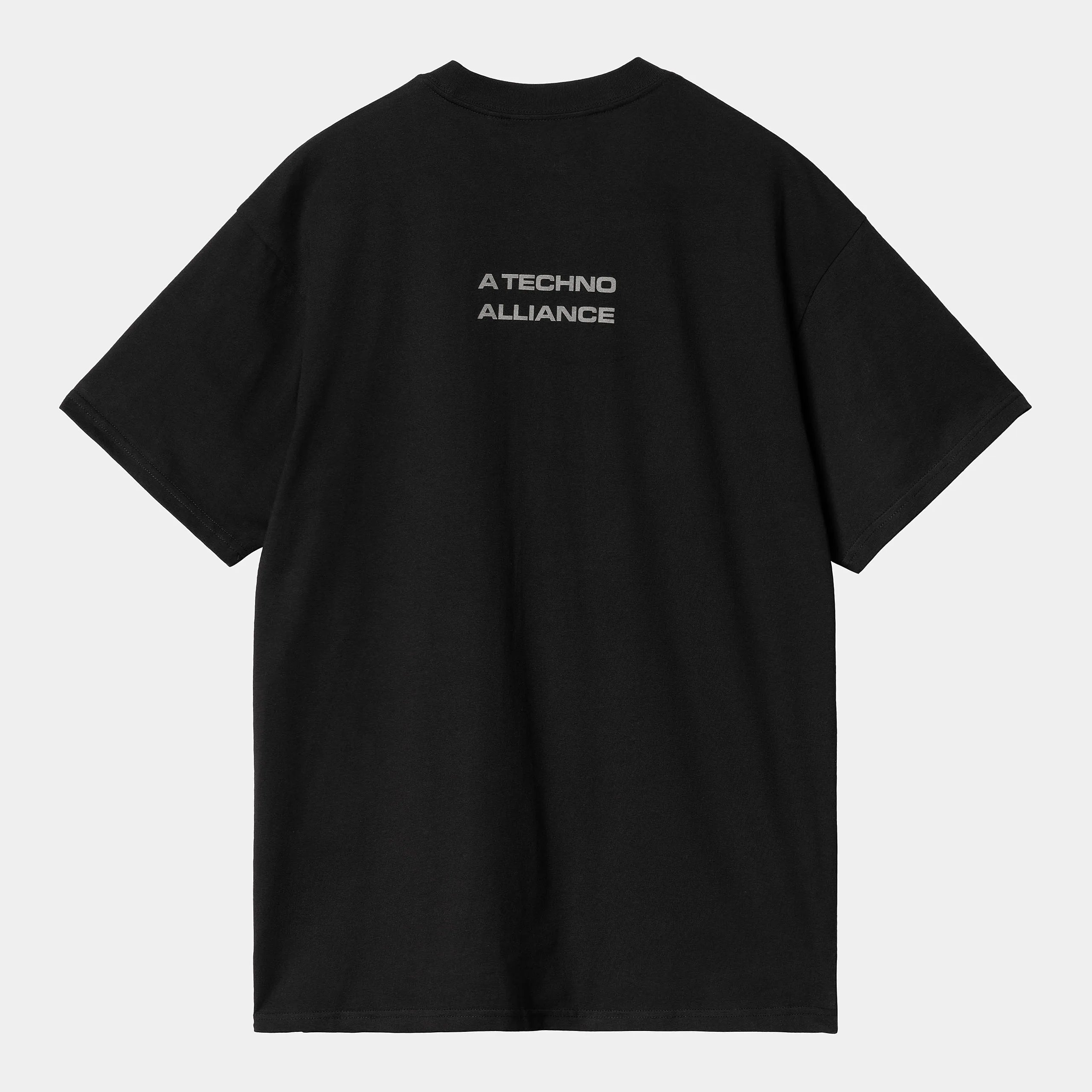 "Carhartt WIP x TRESOR Techno Alliance S/S T-Shirt, Schwarz/Dunkelgrau reflektierend, Baumwolle, Kurzarmshirt mit reflektierendem Print und Co-Branding."