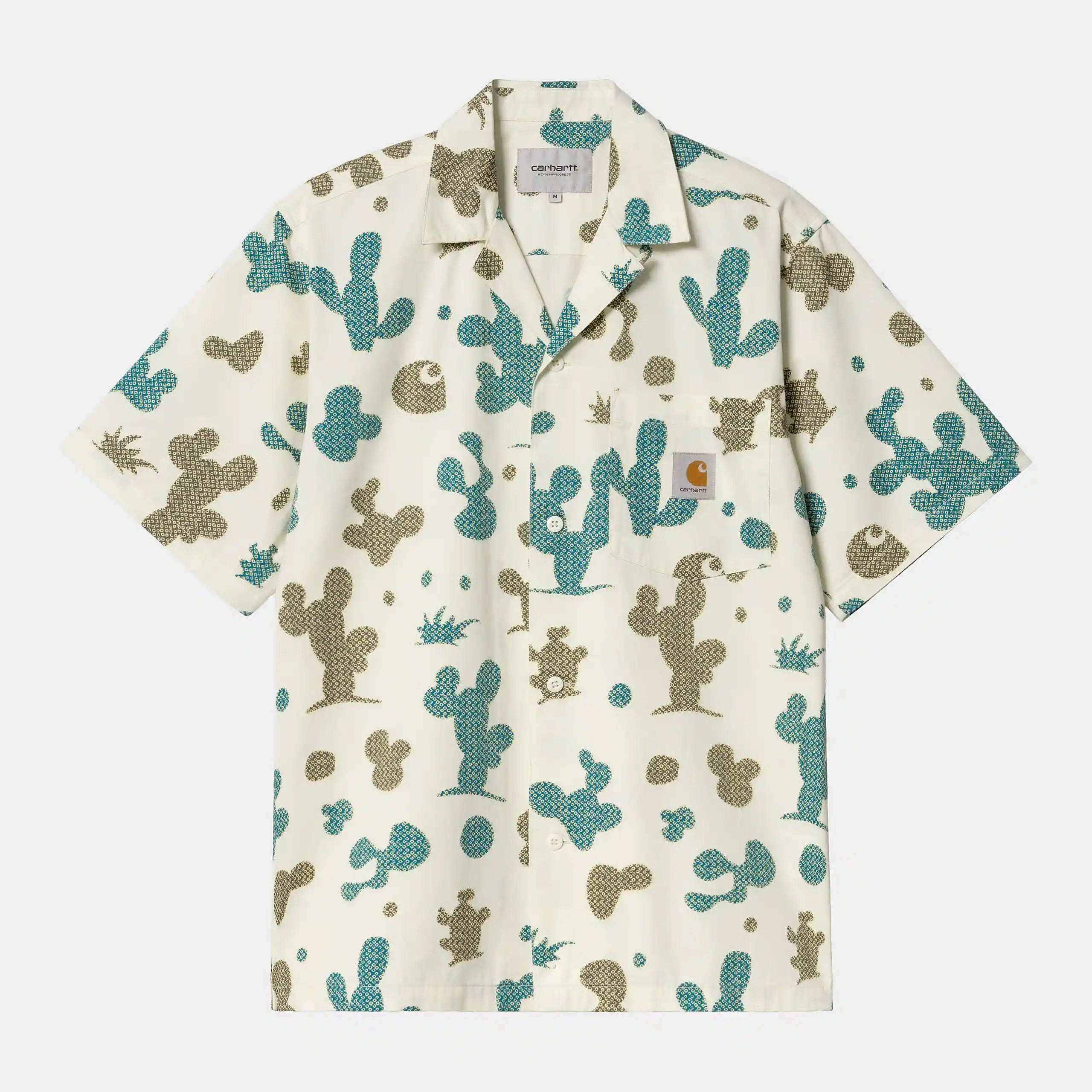 “Carhartt WIP S/S Opus Shirt – Opus Allover Print / Wax. Mehrfarbiges Kurzarmhemd aus Viskose-Twill, mit Reverskragen, Knopfleiste und abstraktem Allover-Print.“
