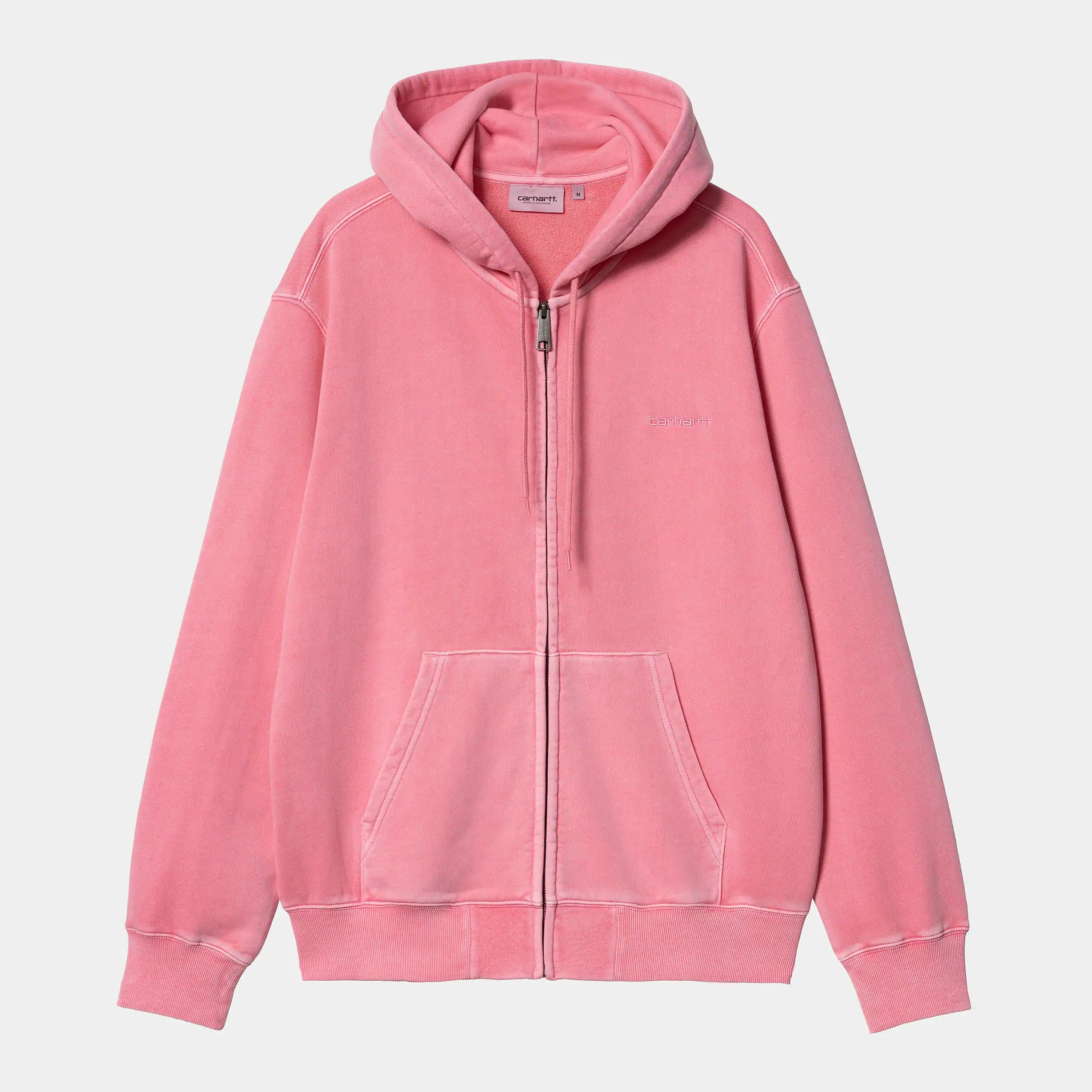 "Carhartt WIP Hooded Duster Script Jacket – Charm Pink (garment dyed). Rosafarbene Kapuzenjacke aus Baumwolle, garment dyed, mit Reißverschluss und Carhartt WIP Script-Logo-Stickerei."