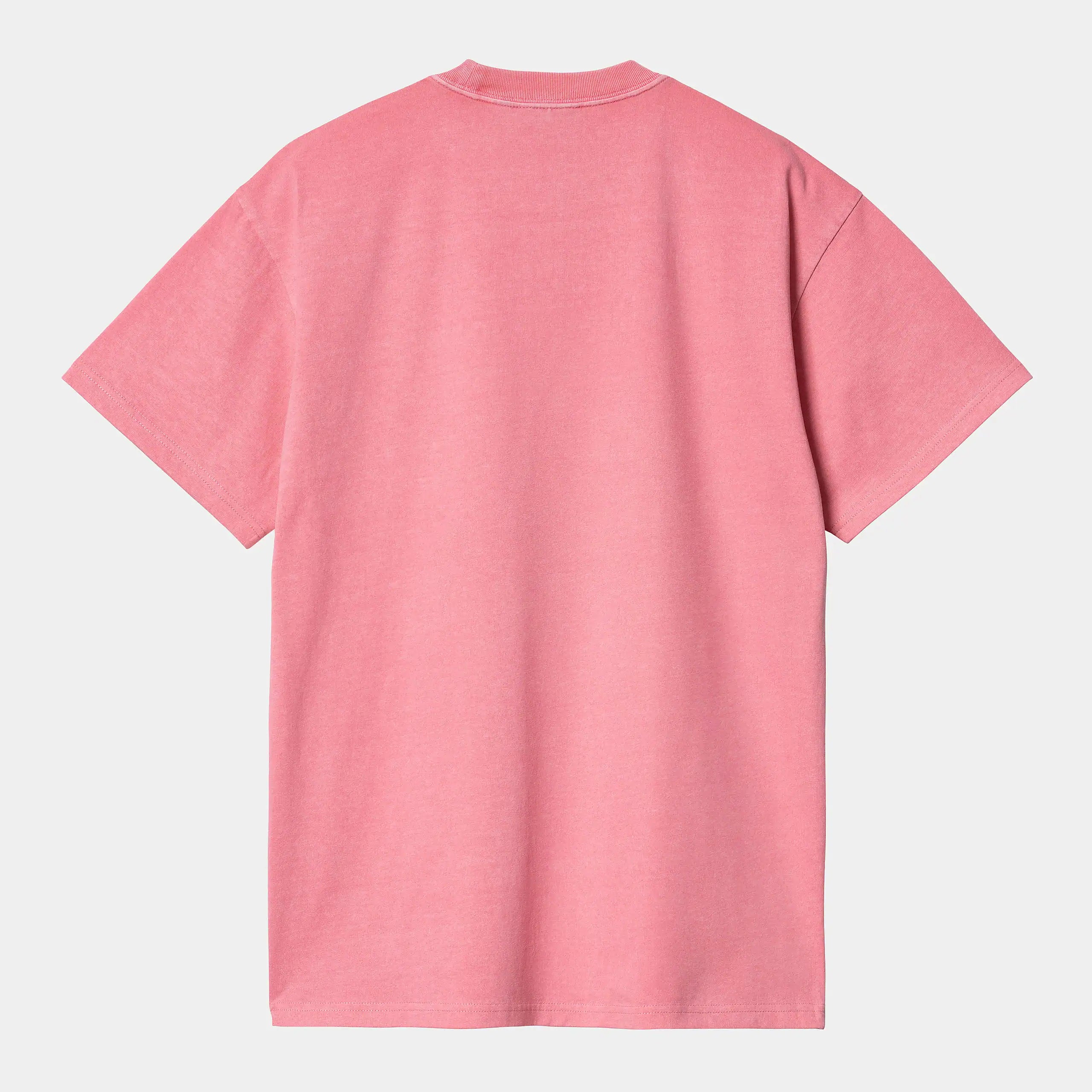 Carhartt WIP S/S Duster Script T-Shirt – Charm Pink (garment dyed). Rosafarbenes Baumwoll-T-Shirt mit Rundhals und weißer Carhartt WIP Script-Logo-Stickerei auf der Brust.