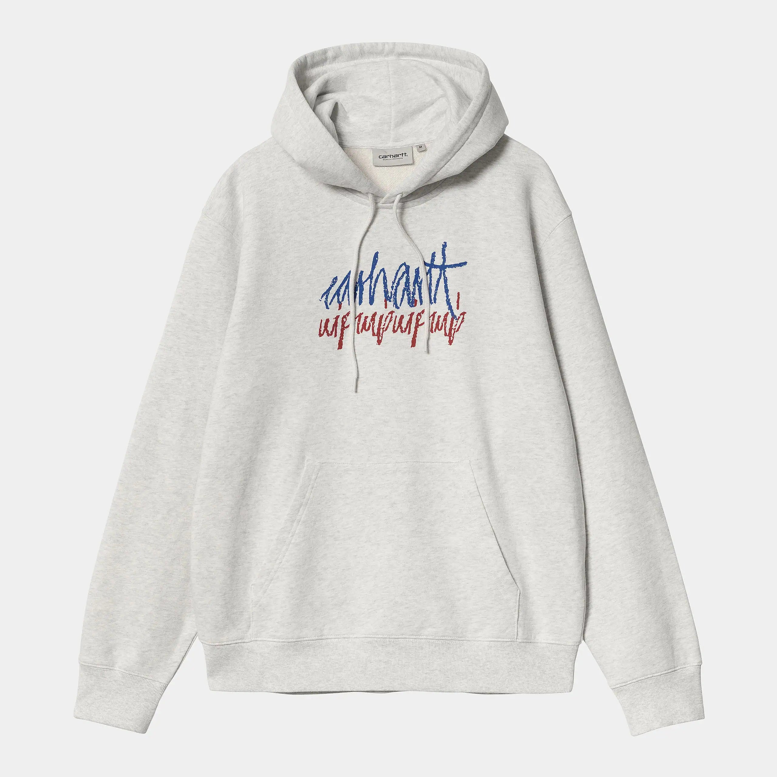 Carhartt WIP Hooded Stereo Sweat – Ash Heather. Grauer Hoodie aus schwerem Baumwoll-Jersey, mit Kängurutasche, Kapuze, gerippten Bündchen und Carhartt WIP Stereo-Grafikprint.
