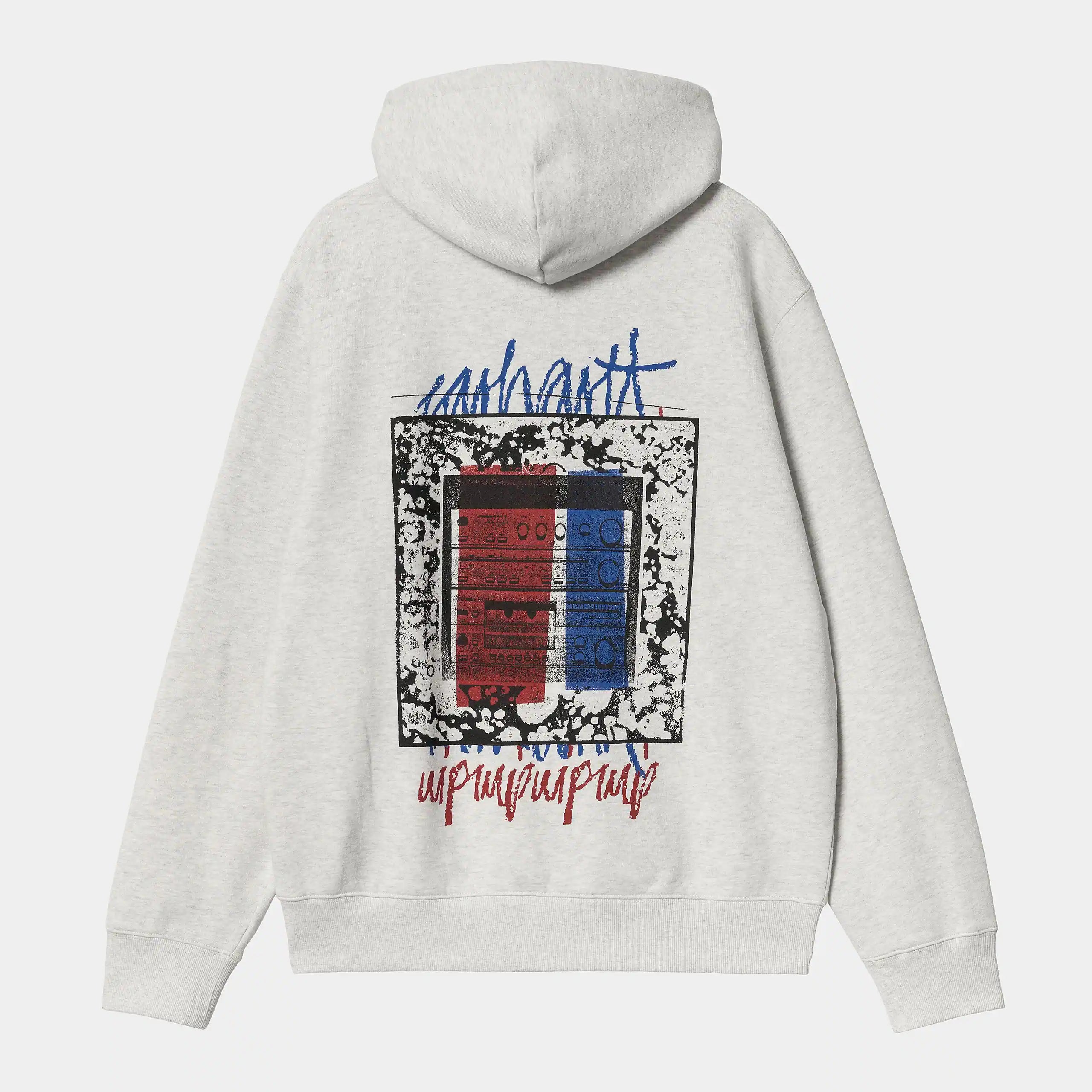 Carhartt WIP Hooded Stereo Sweat – Ash Heather. Grauer Hoodie aus schwerem Baumwoll-Jersey, mit Kängurutasche, Kapuze, gerippten Bündchen und Carhartt WIP Stereo-Grafikprint.
