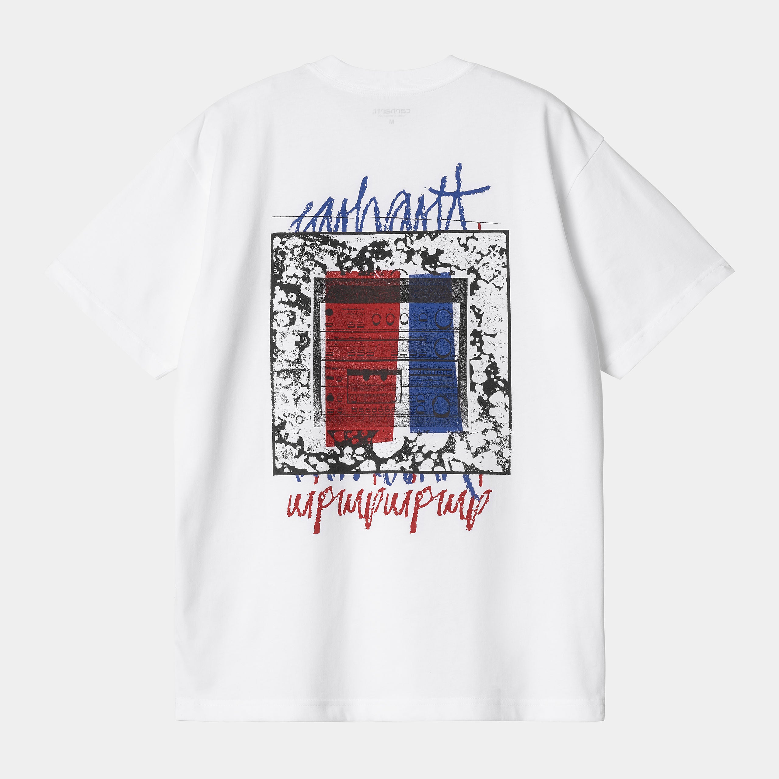 "Weißes Carhartt WIP S/S Stereo T-Shirt aus Baumwolle mit Frontprint einer Stereoanlage und Carhartt-Logo."