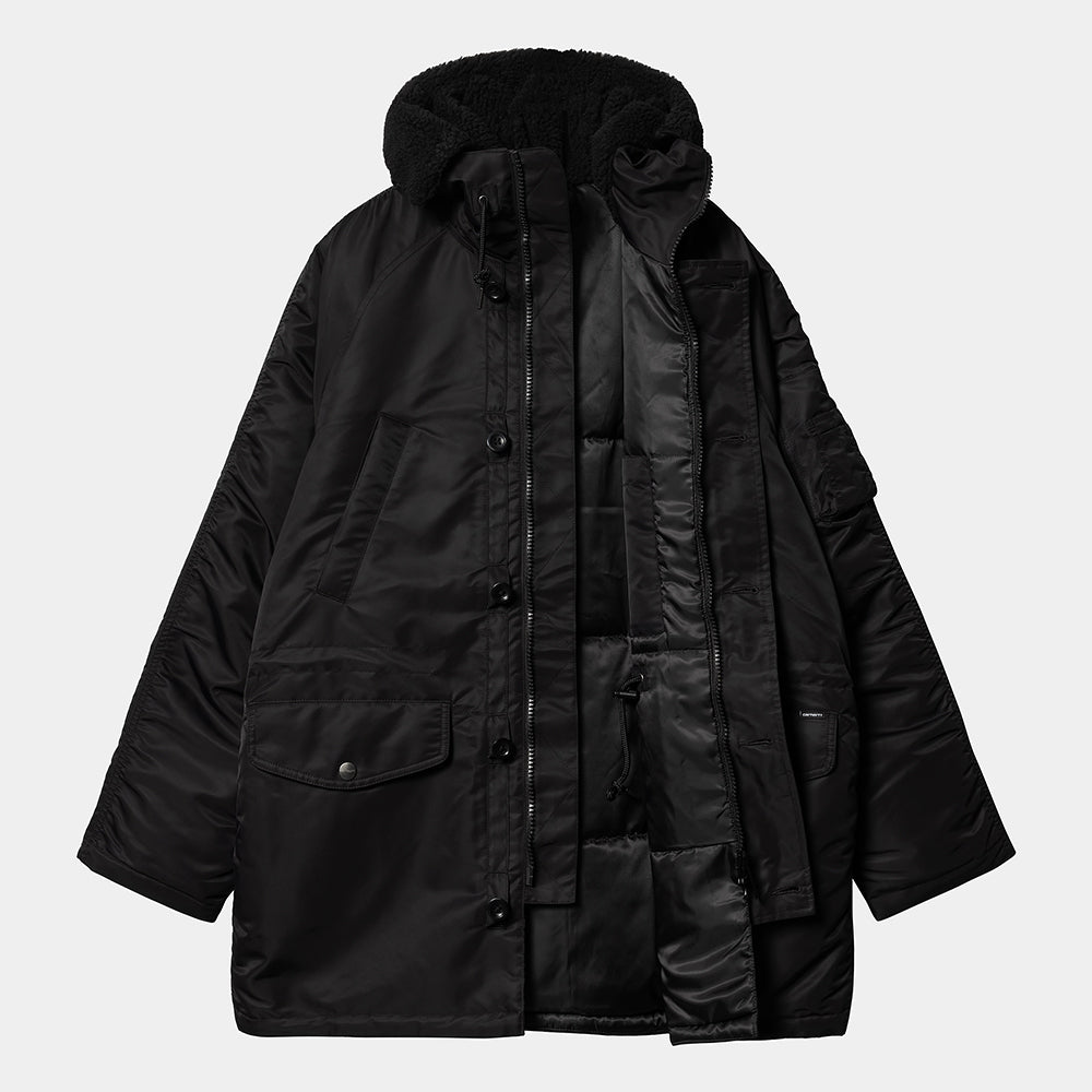 Carhartt WIP Hooded Olten Parka in Schwarz, getragen von einem Model, mit Kapuze und langen Ärmeln, aus robustem Canvas-Material.