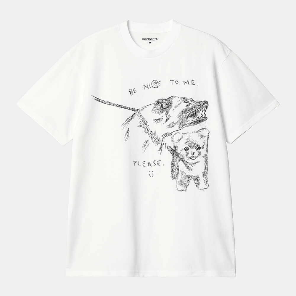"Carhartt S/S Pepe Be Nice T-Shirt in Weiß, I033983_00A_XX, Baumwolle, Kurzarm, Pepe Be Nice Grafik-Print von Pepe Tirelli auf Brust."